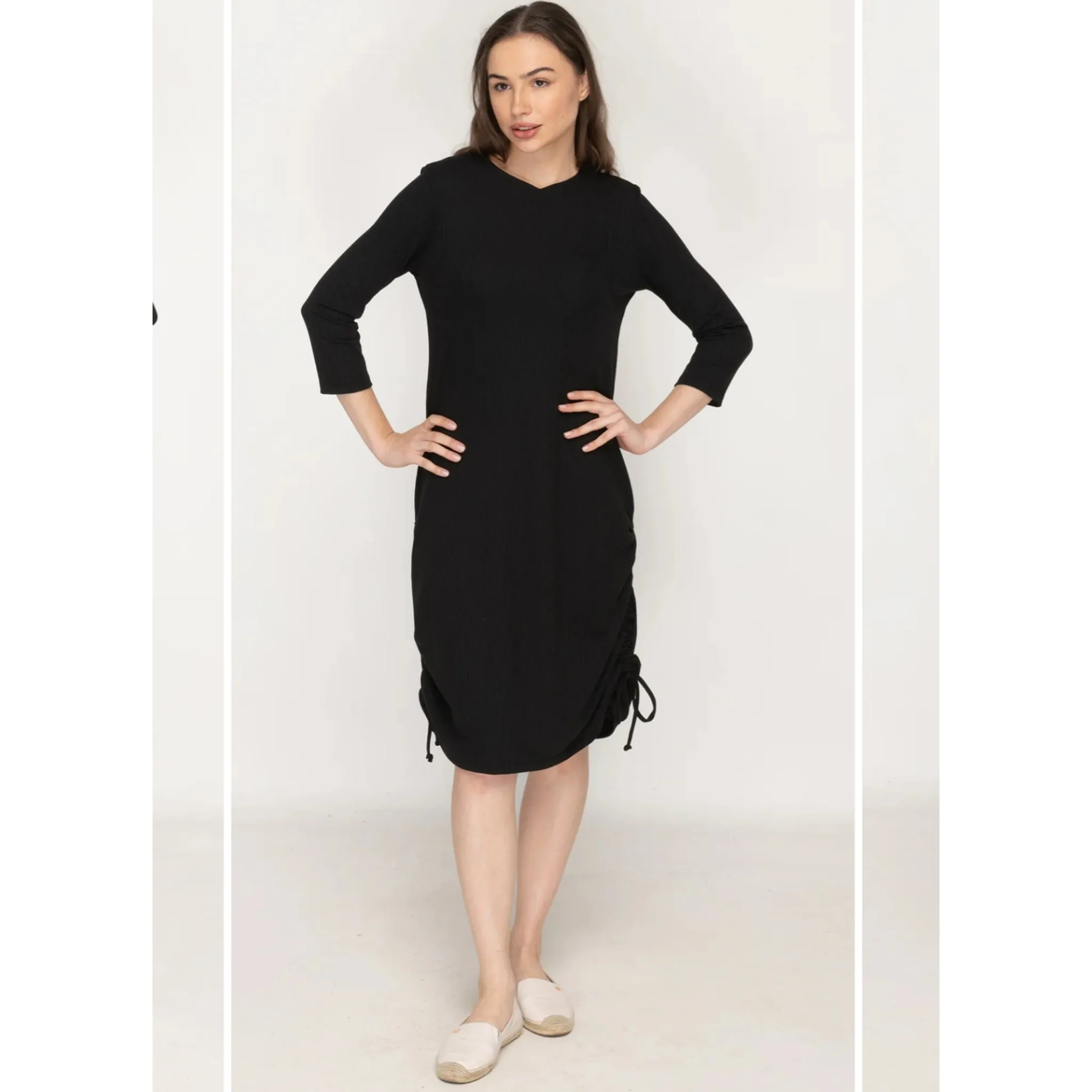 Black Ruched Ribbed Dress