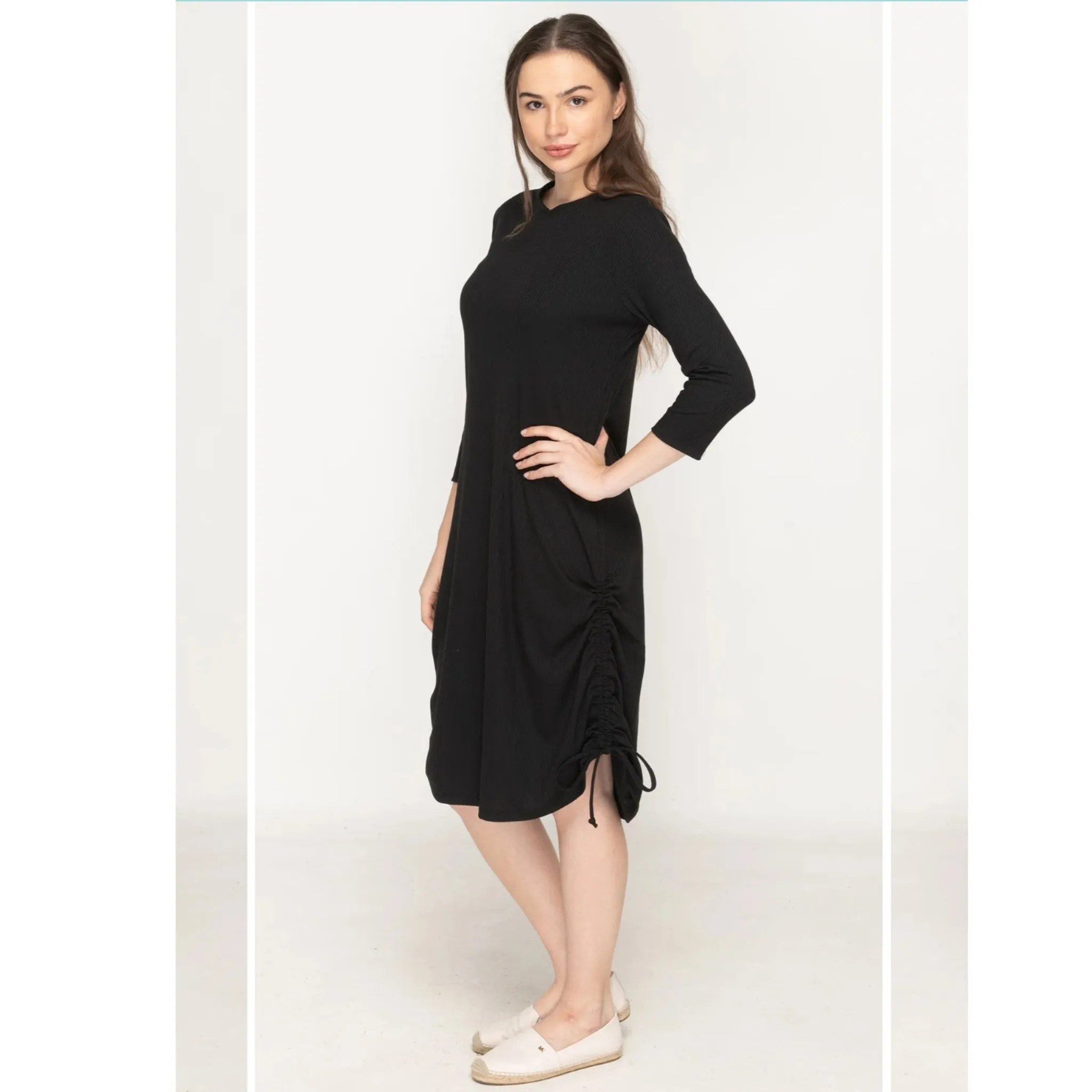 Black Ruched Ribbed Dress