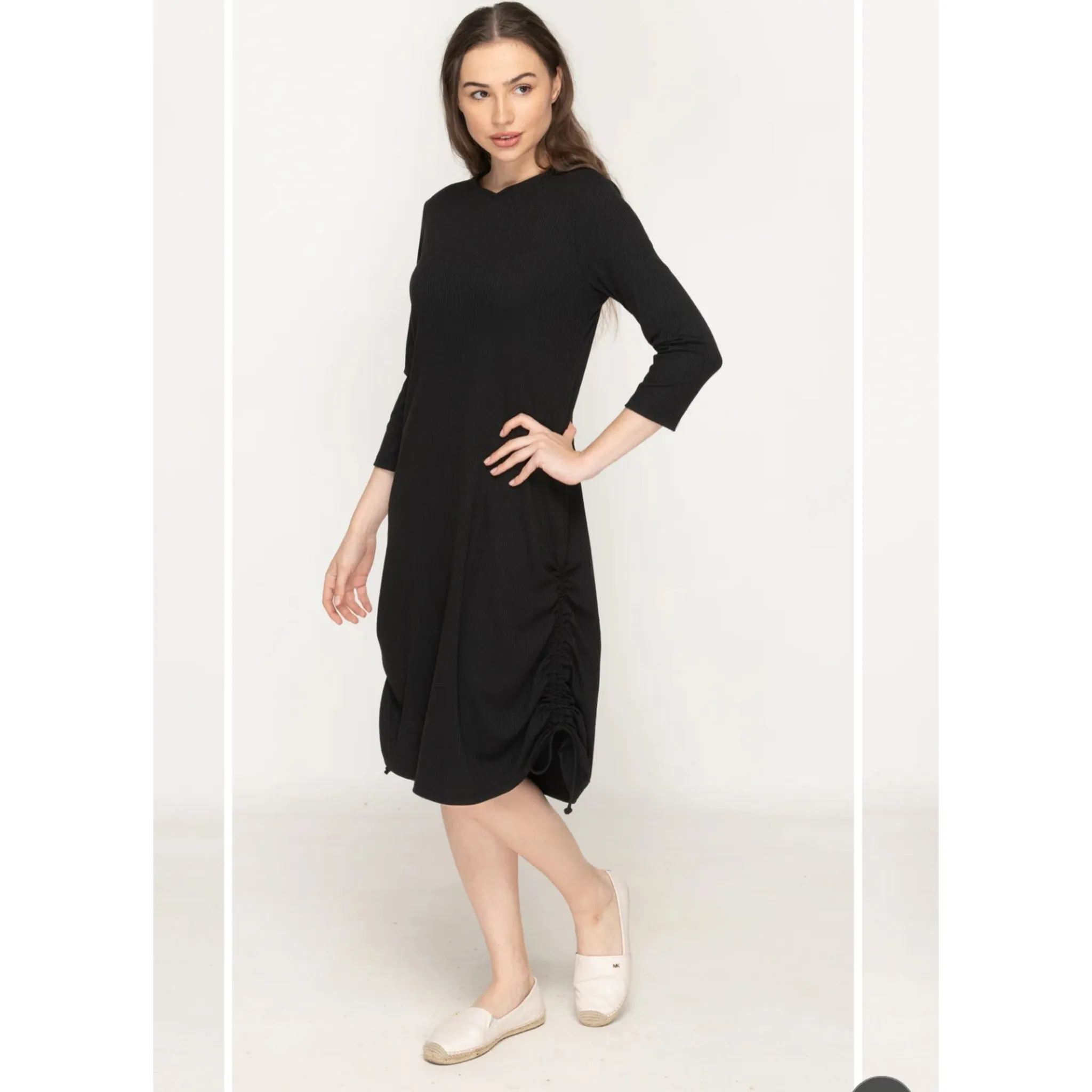 Black Ruched Ribbed Dress