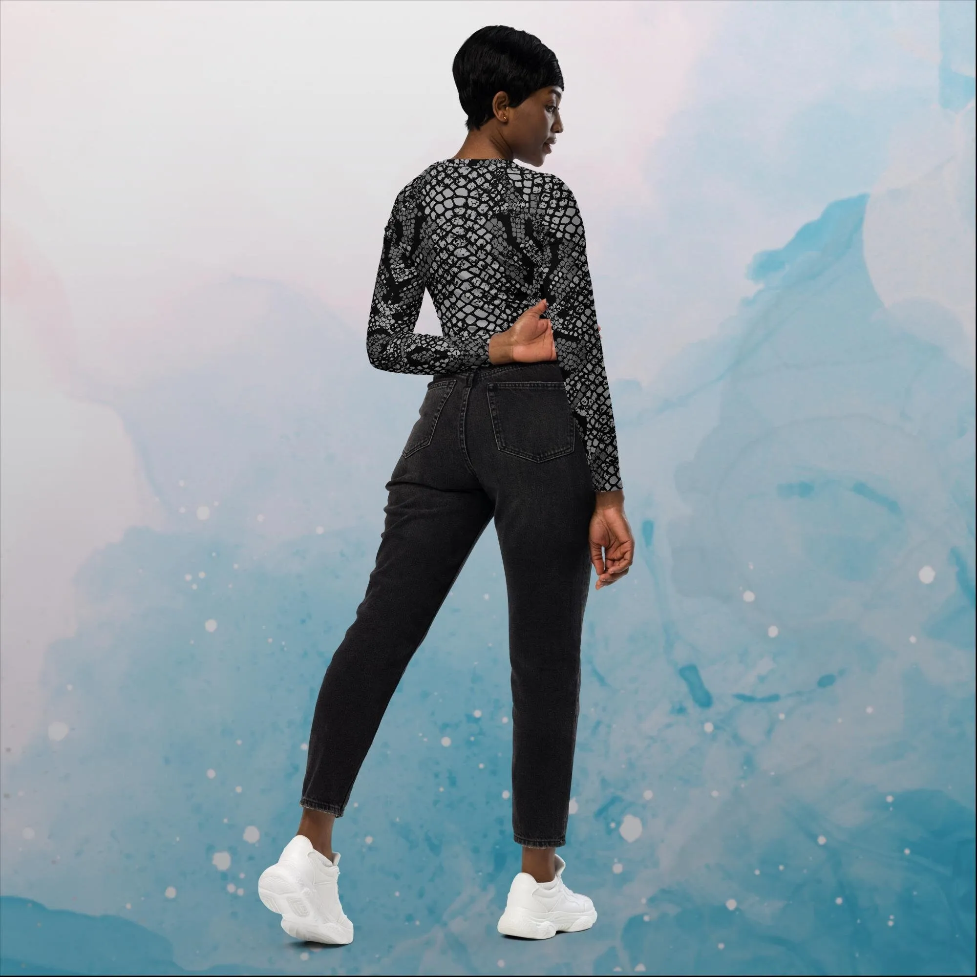 Black Snake Skin Print Womens Recycled Long Sleeve Crop Top