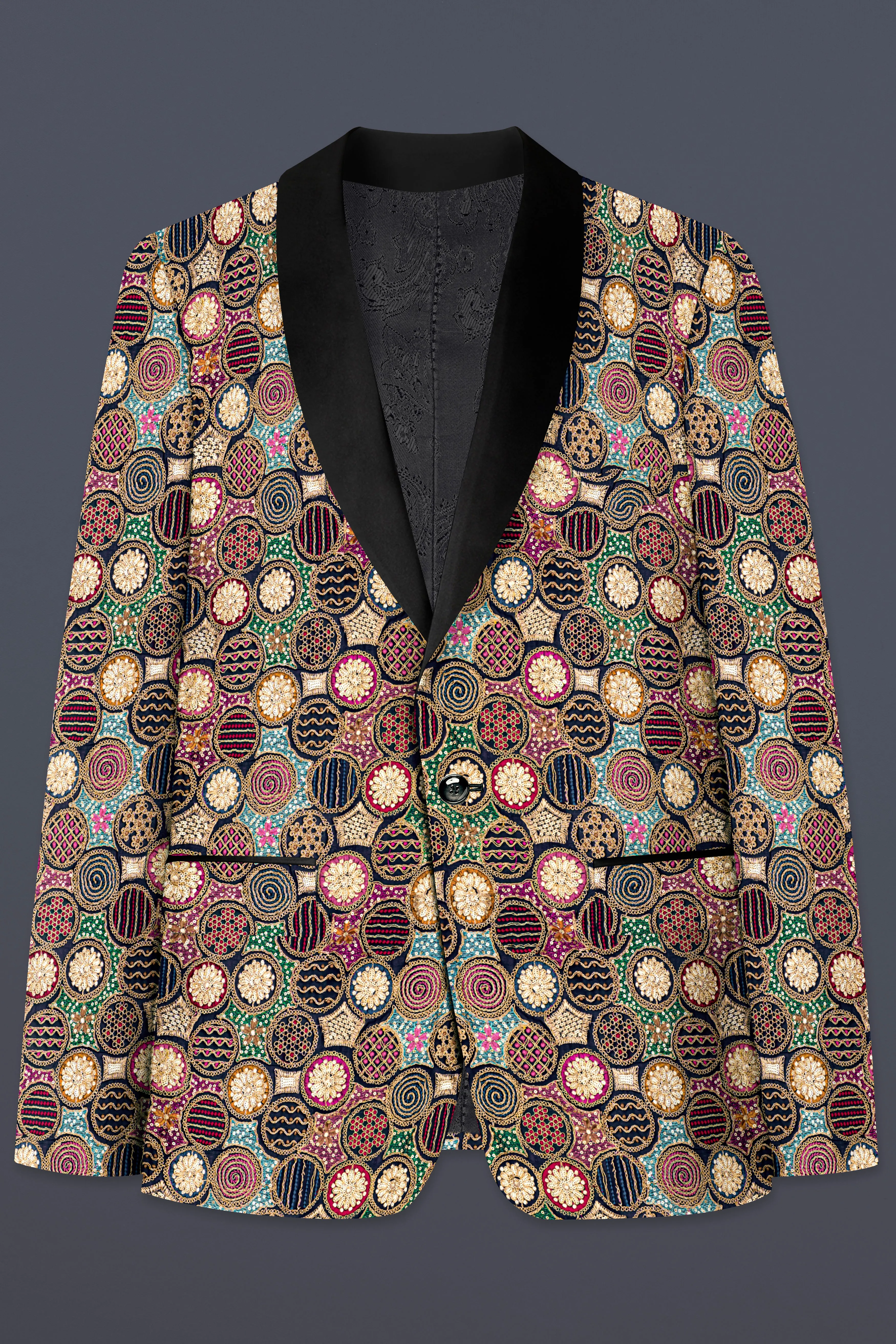 Black with Multicolor Heavy Embroidered Tuxedo Blazer