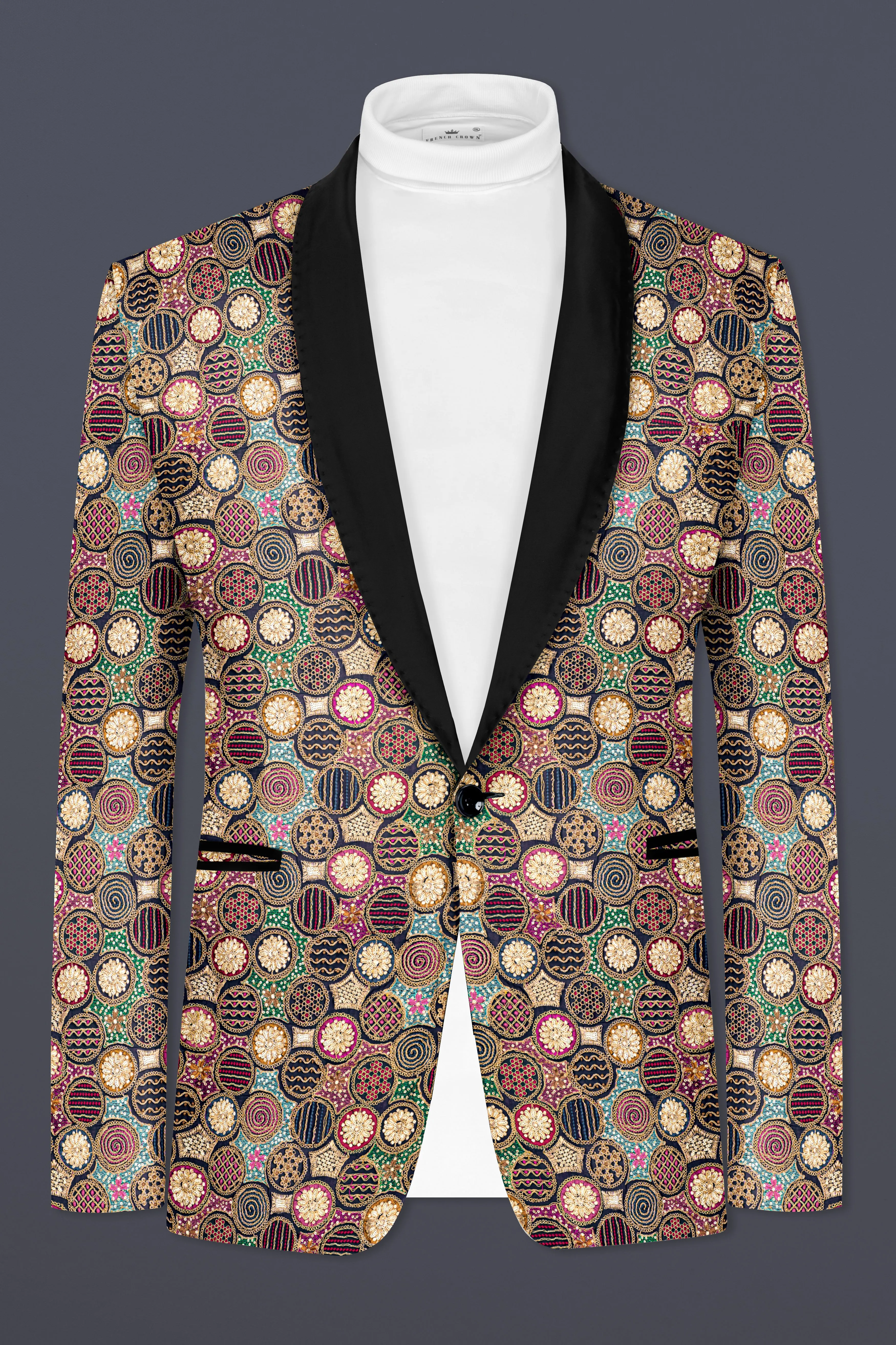 Black with Multicolor Heavy Embroidered Tuxedo Blazer