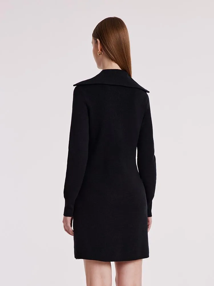 Black Wool Knit Lapel Dress With Zip