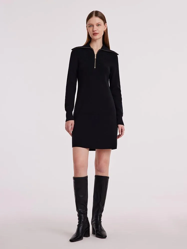 Black Wool Knit Lapel Dress With Zip