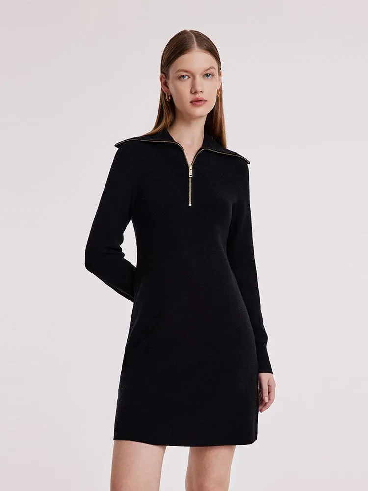 Black Wool Knit Lapel Dress With Zip