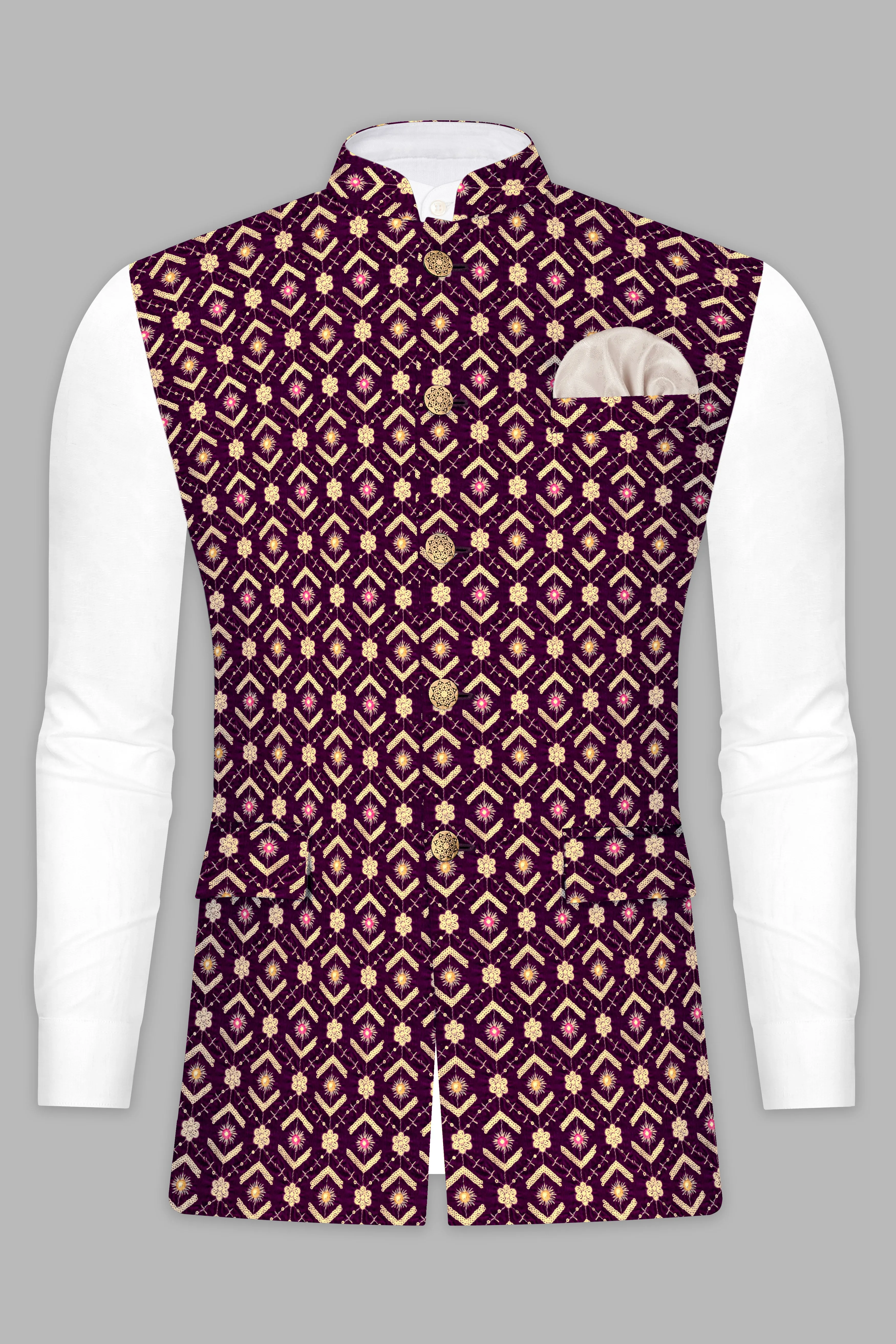 Blackberry Purple Velvet Thread And Sequin Embroidered Nehru Jacket