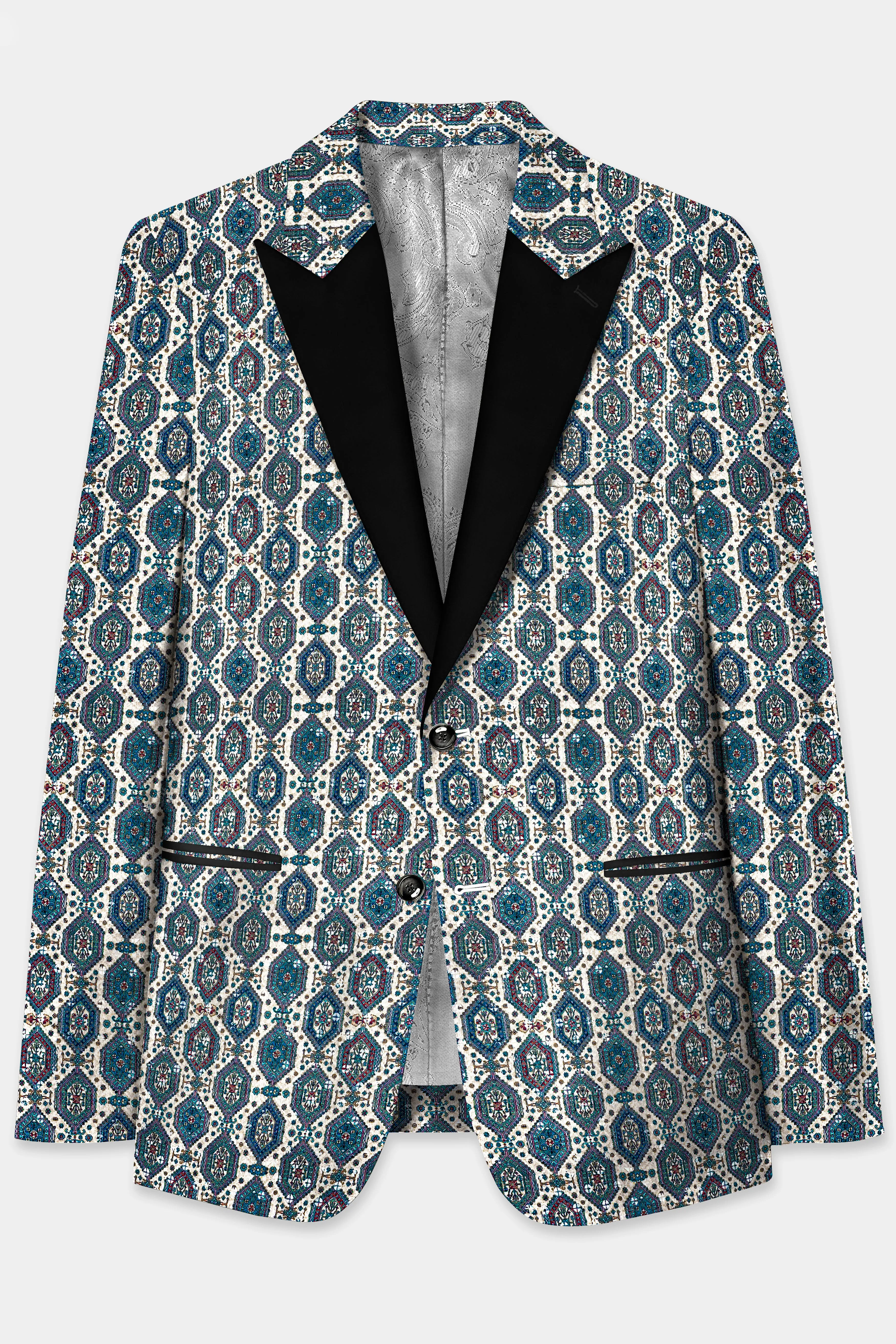 Bluish blue And Claret Red Thread Embroidered Peak Collar Tuxedo Blazer