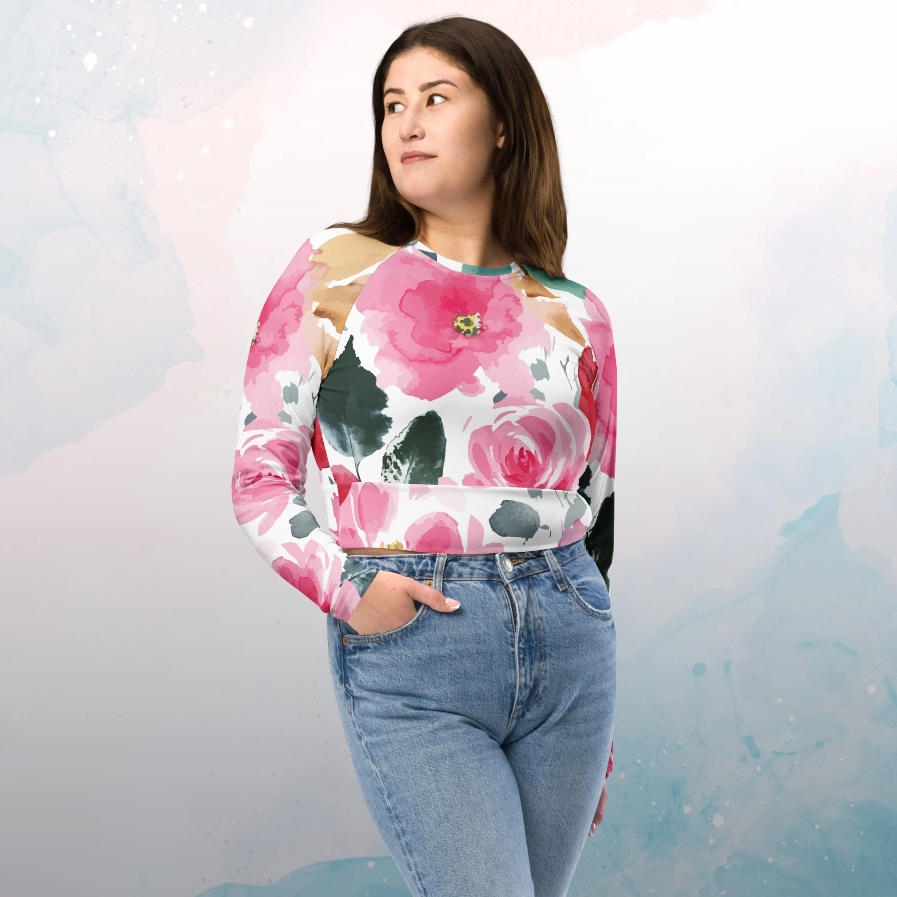 Bold Floral Pattern Womens Recycled Long Sleeve Crop Top op