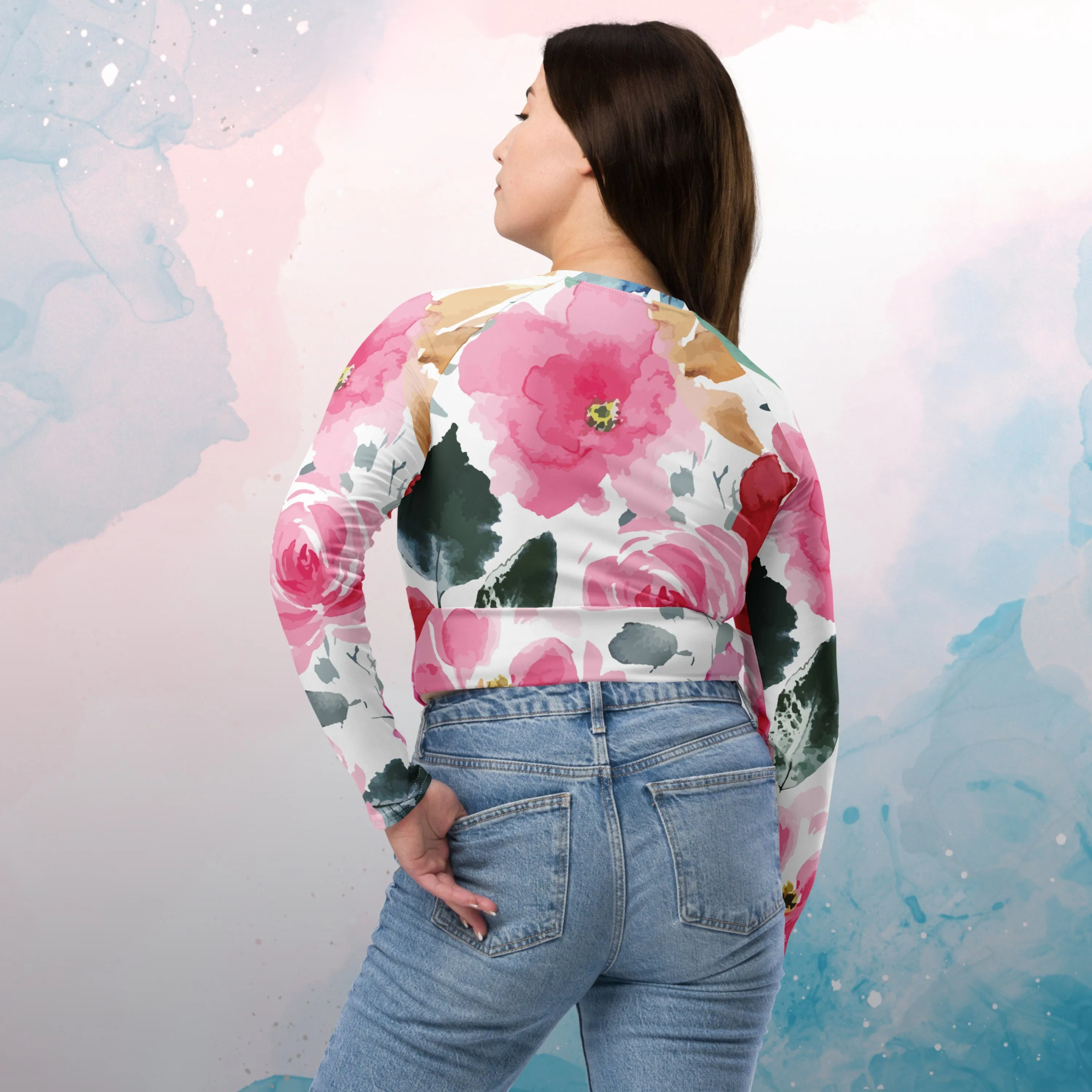 Bold Floral Pattern Womens Recycled Long Sleeve Crop Top op