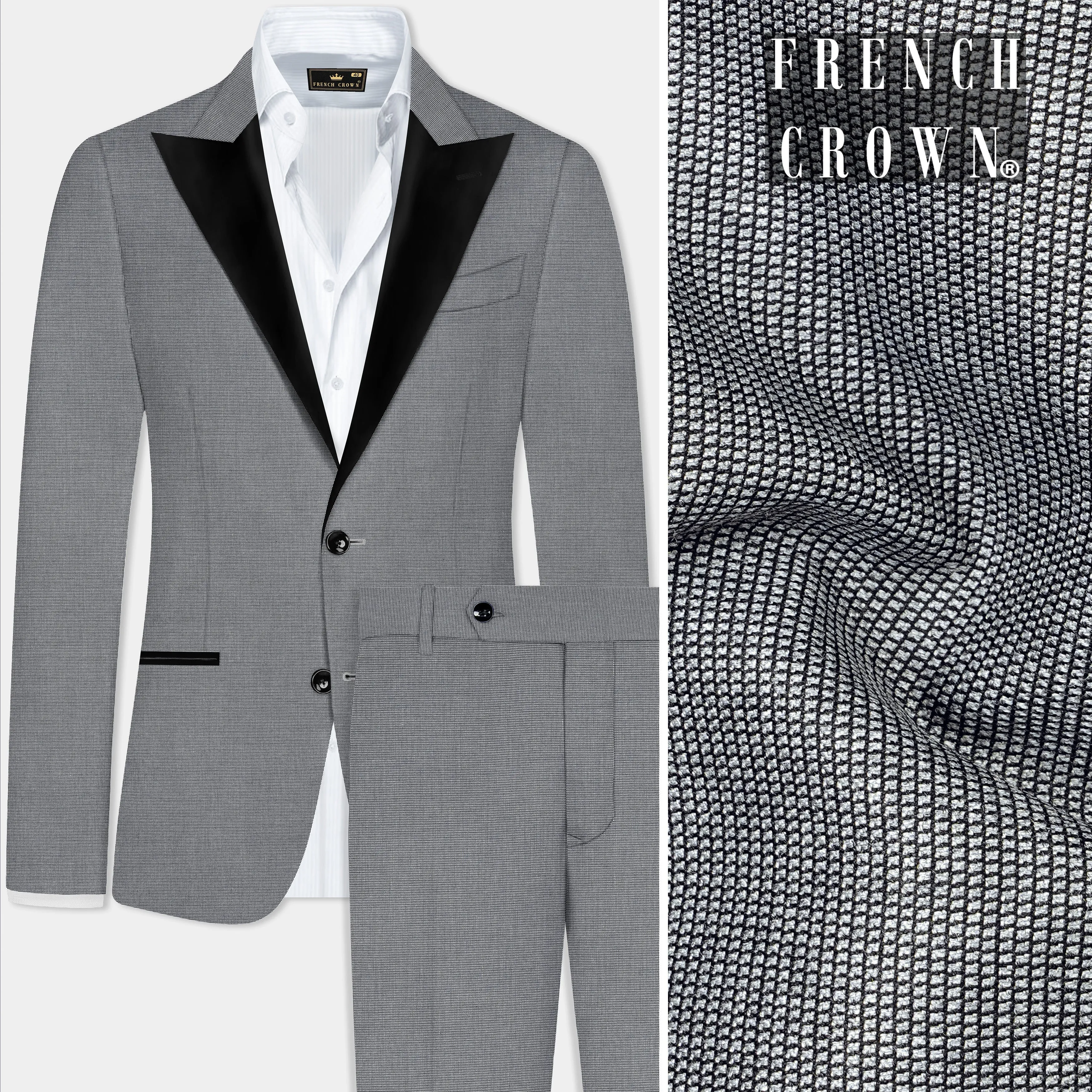 Boulder Gray Textured Wool Blend Peak Collar Tuxedo Suit