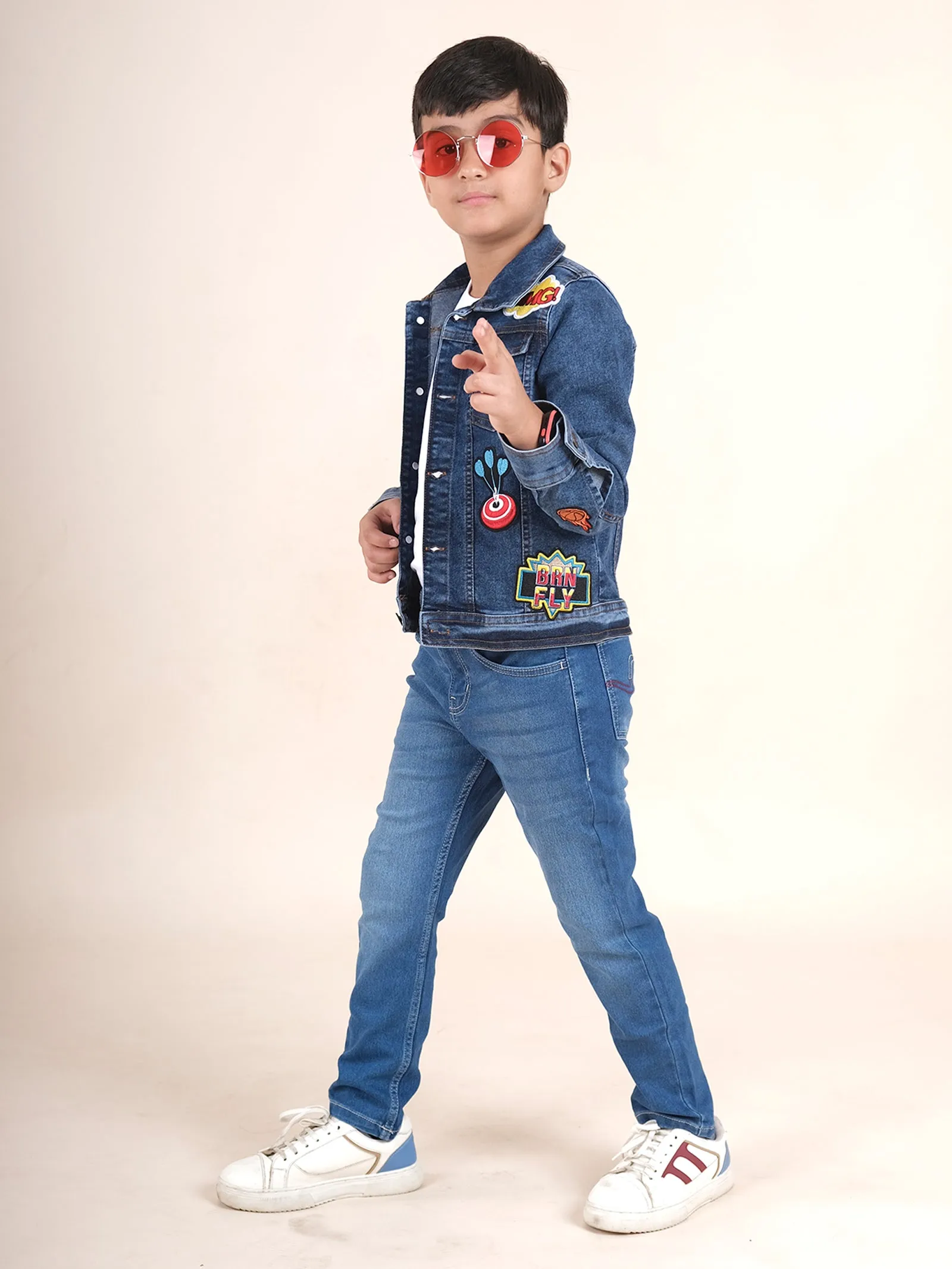 Boys Cotton Half Sleeves Solid T-Shirt With Denim Jeans & Jacket Set