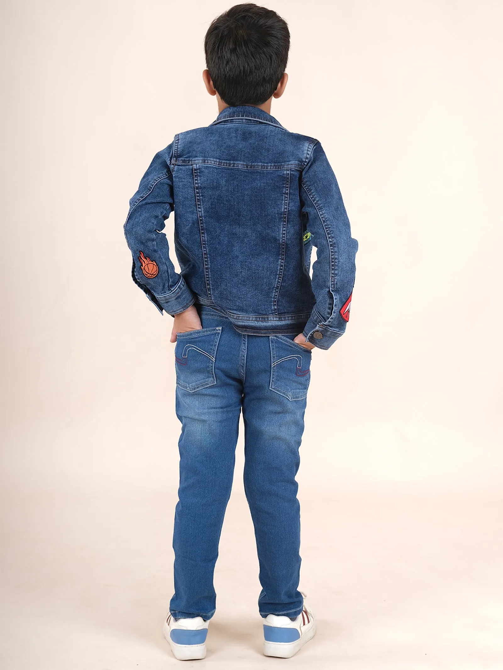 Boys Cotton Half Sleeves Solid T-Shirt With Denim Jeans & Jacket Set