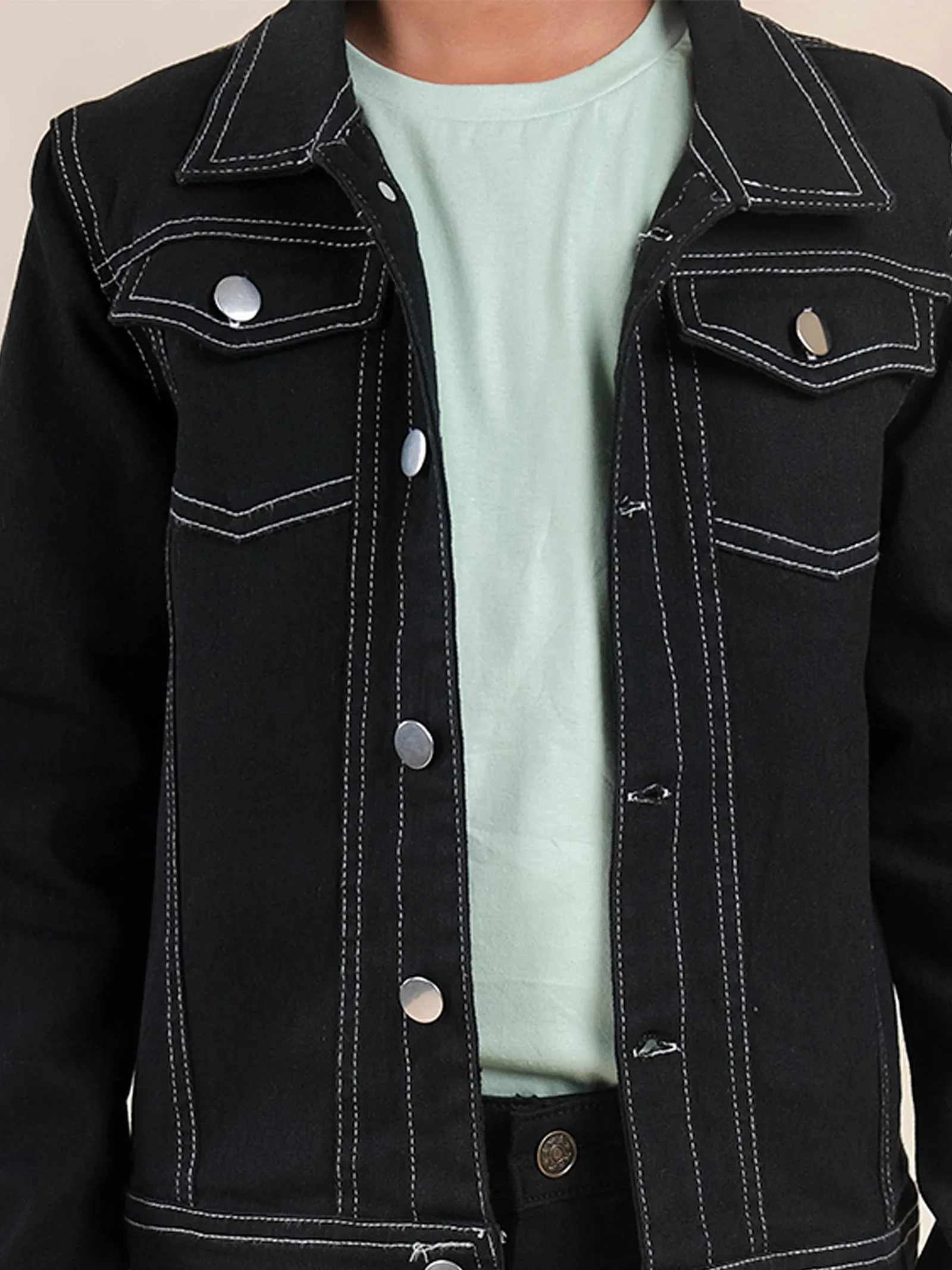 Boys Full Sleeves Solid Denim Jacket