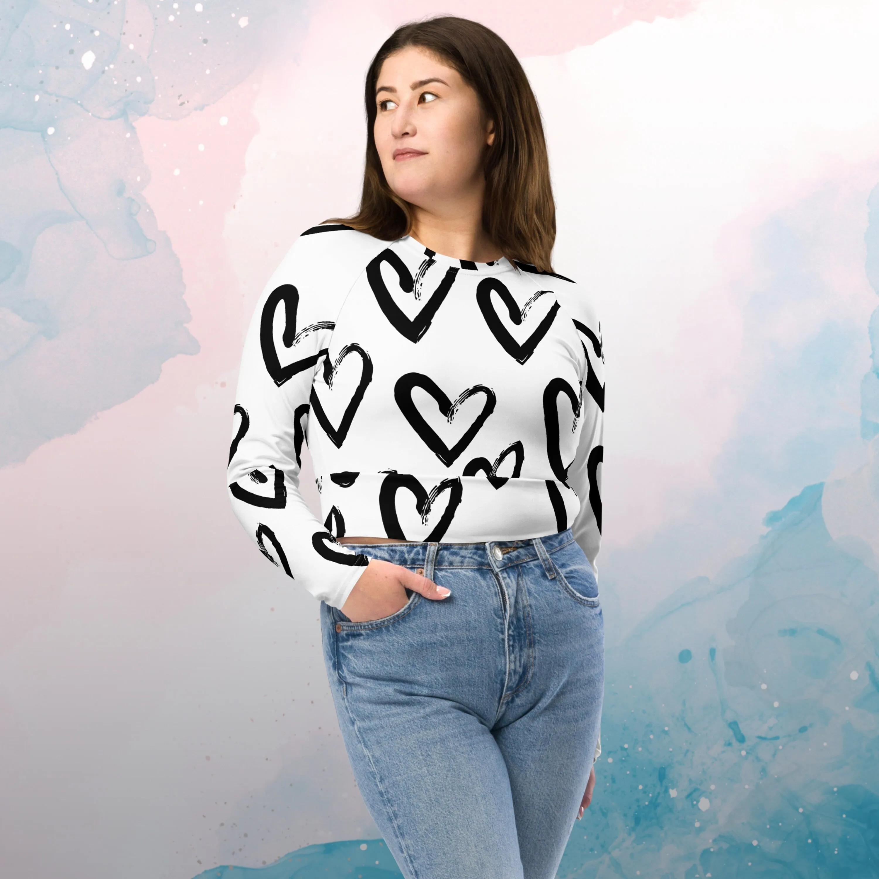 Brush Stroke Hearts Womens Recycled Long Sleeve Crop Top