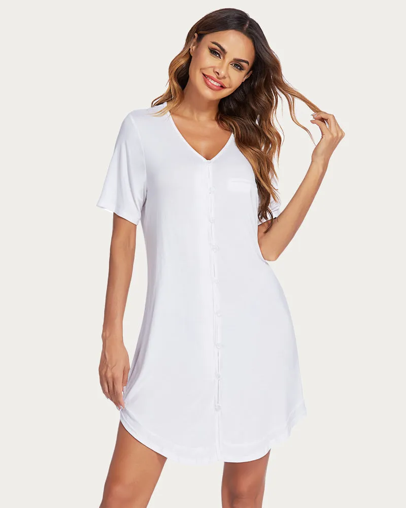 Button Down Short Sleeve V Neck Night Shirt