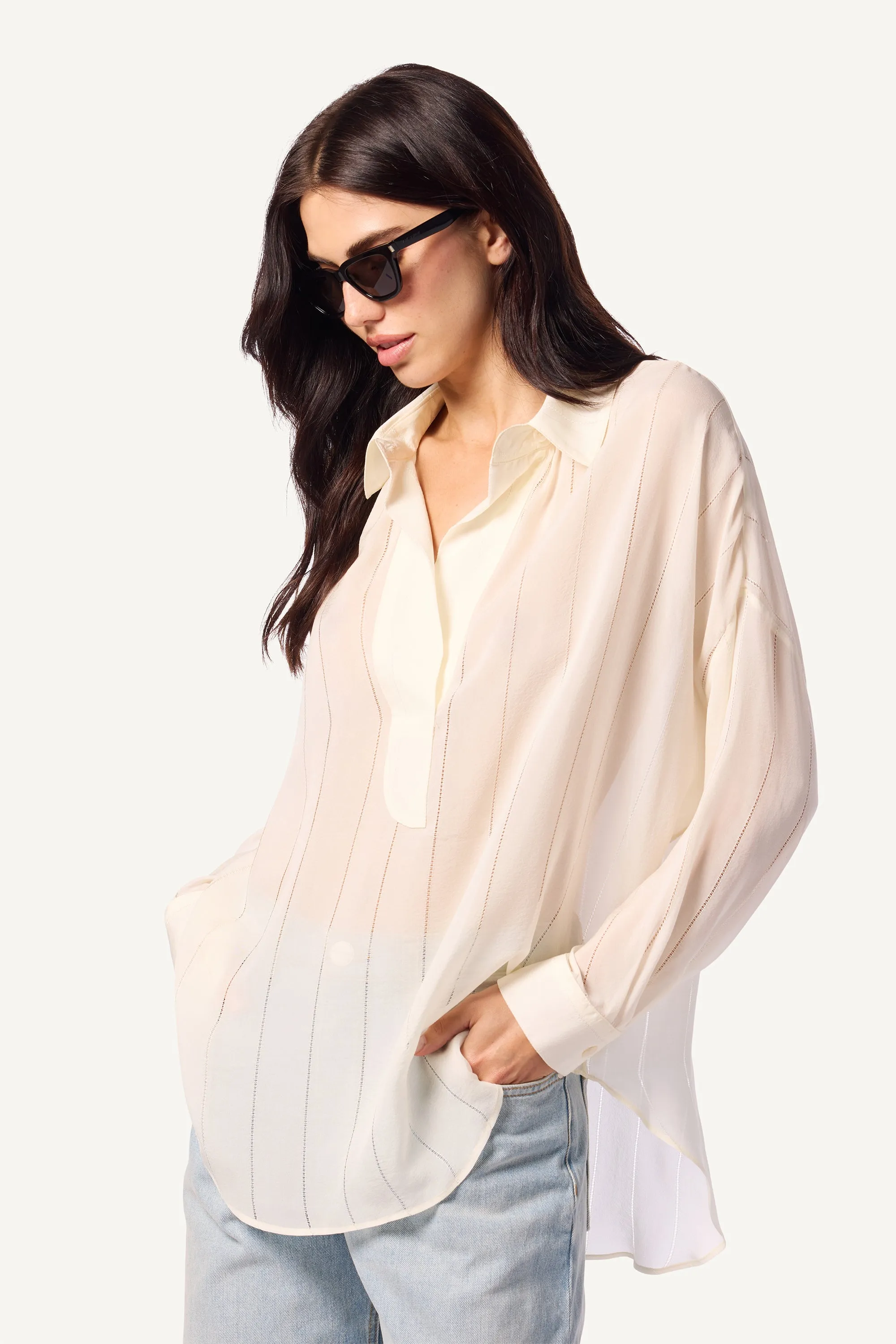 CALVI OVERSIZE COLLARED SILK TUNIC | GARDENIA