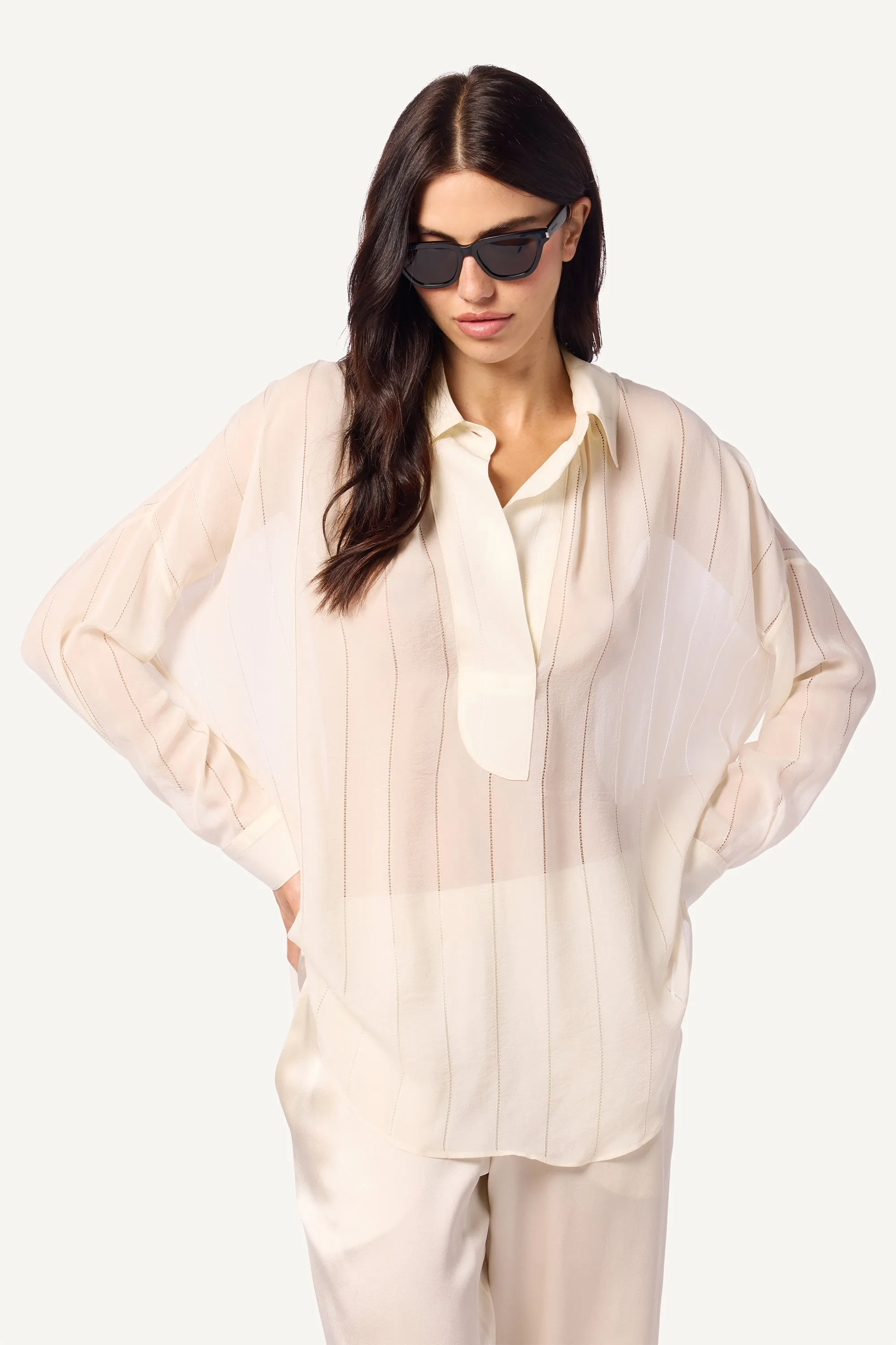 CALVI OVERSIZE COLLARED SILK TUNIC | GARDENIA