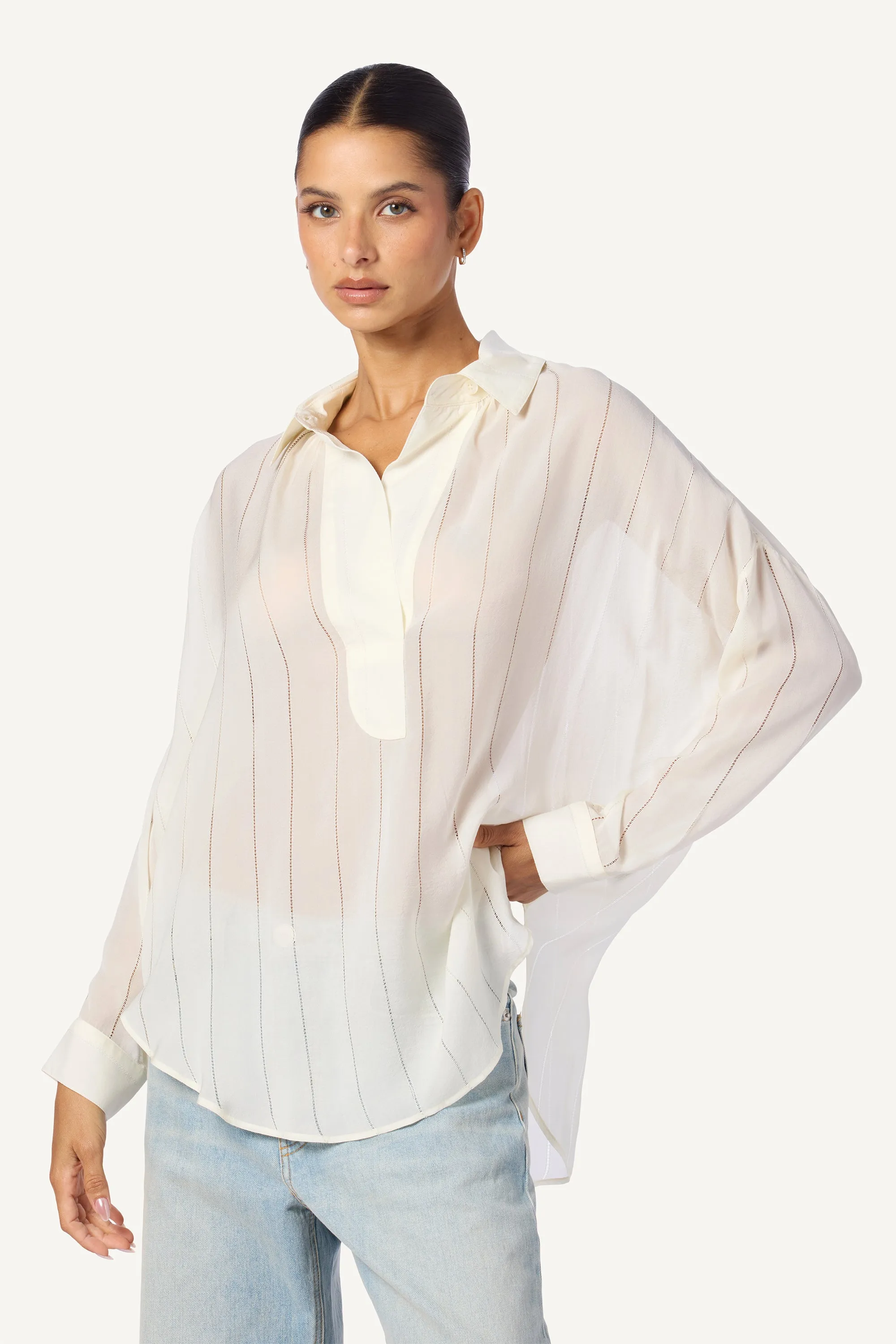 CALVI OVERSIZE COLLARED SILK TUNIC | GARDENIA