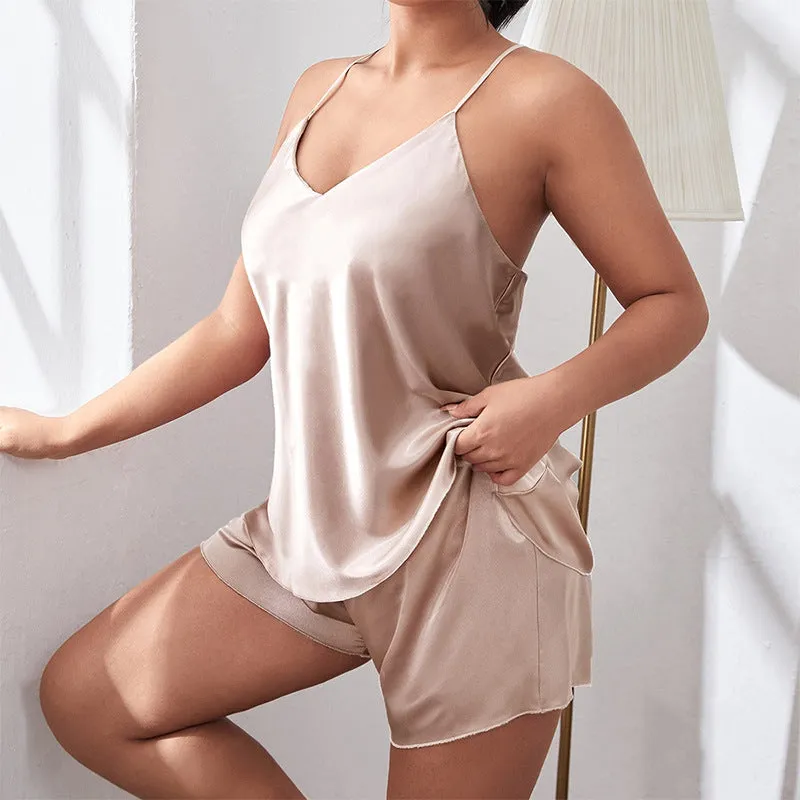 Camisole & Shorts Solid Color Womens 2pcs Sets Curvy Satin Pajamas Loungewear Wholesale Plus Size Clothing