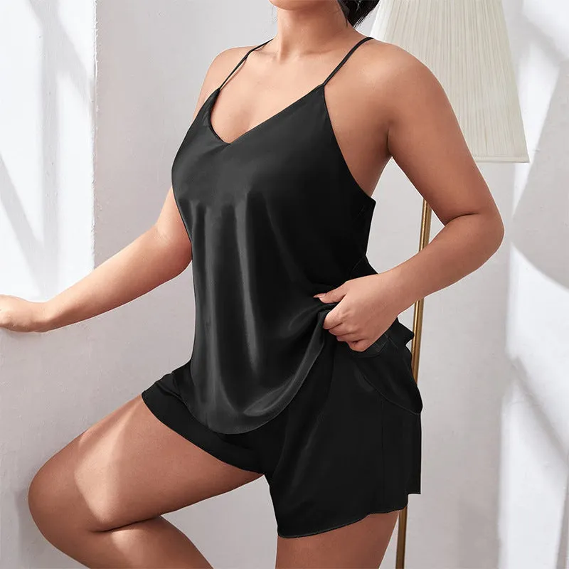 Camisole & Shorts Solid Color Womens 2pcs Sets Curvy Satin Pajamas Loungewear Wholesale Plus Size Clothing