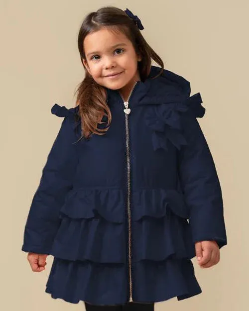 Caramelo Kids Girls Navy Bow Ruffle Pleated Coat