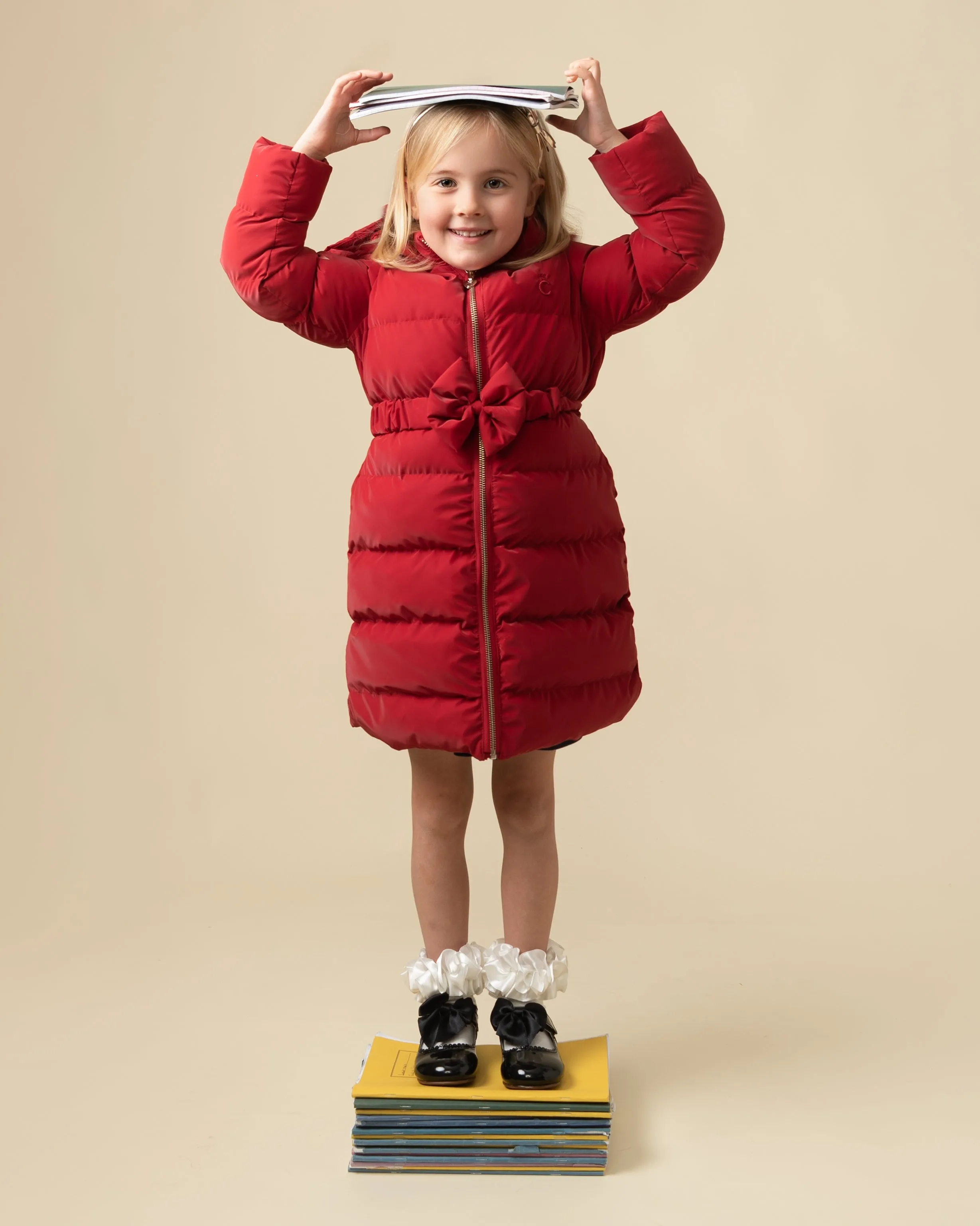 Caramelo Kids Girls Red Matt Puffer Jacket with Belt and Bow trim