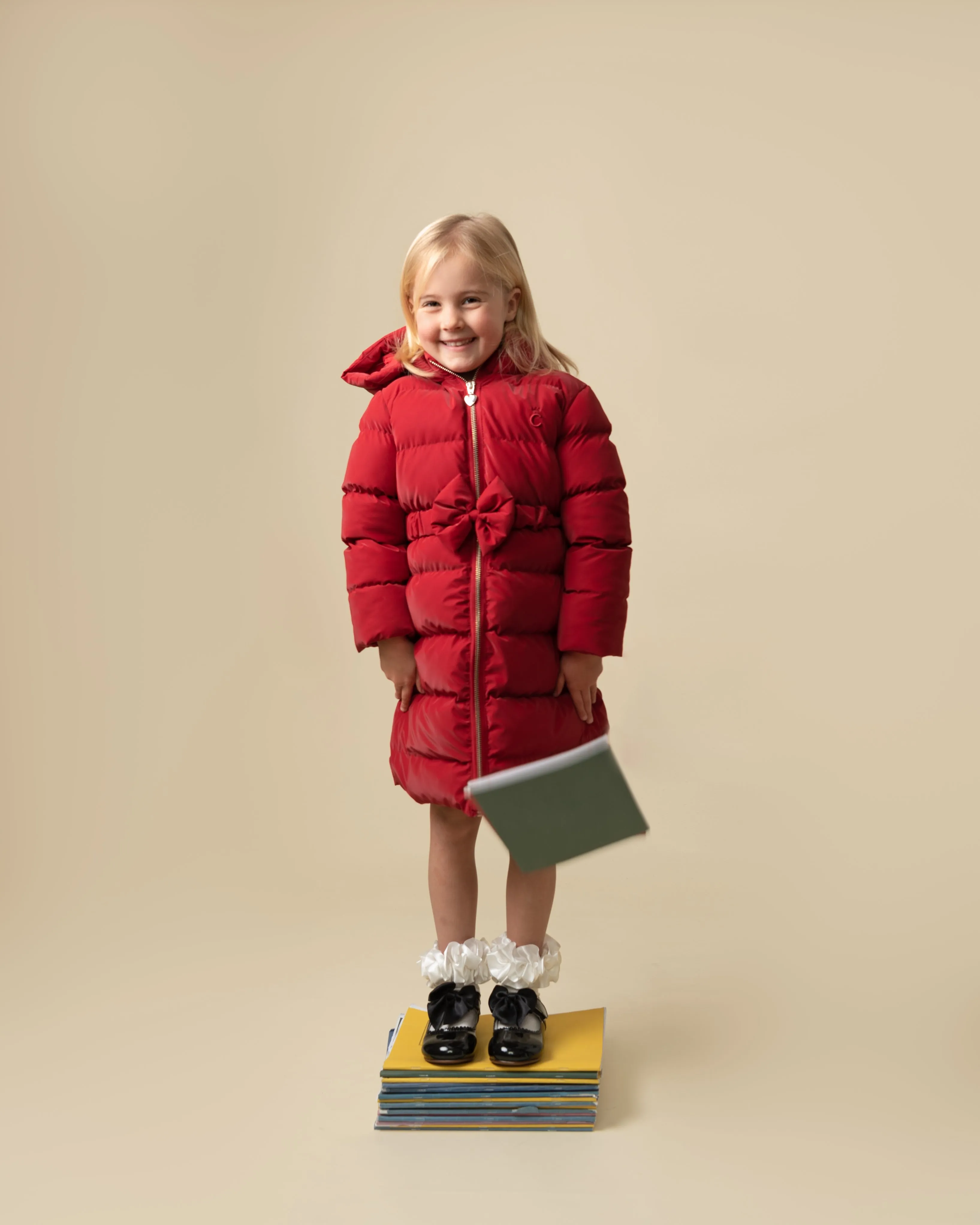 Caramelo Kids Girls Red Matt Puffer Jacket with Belt and Bow trim