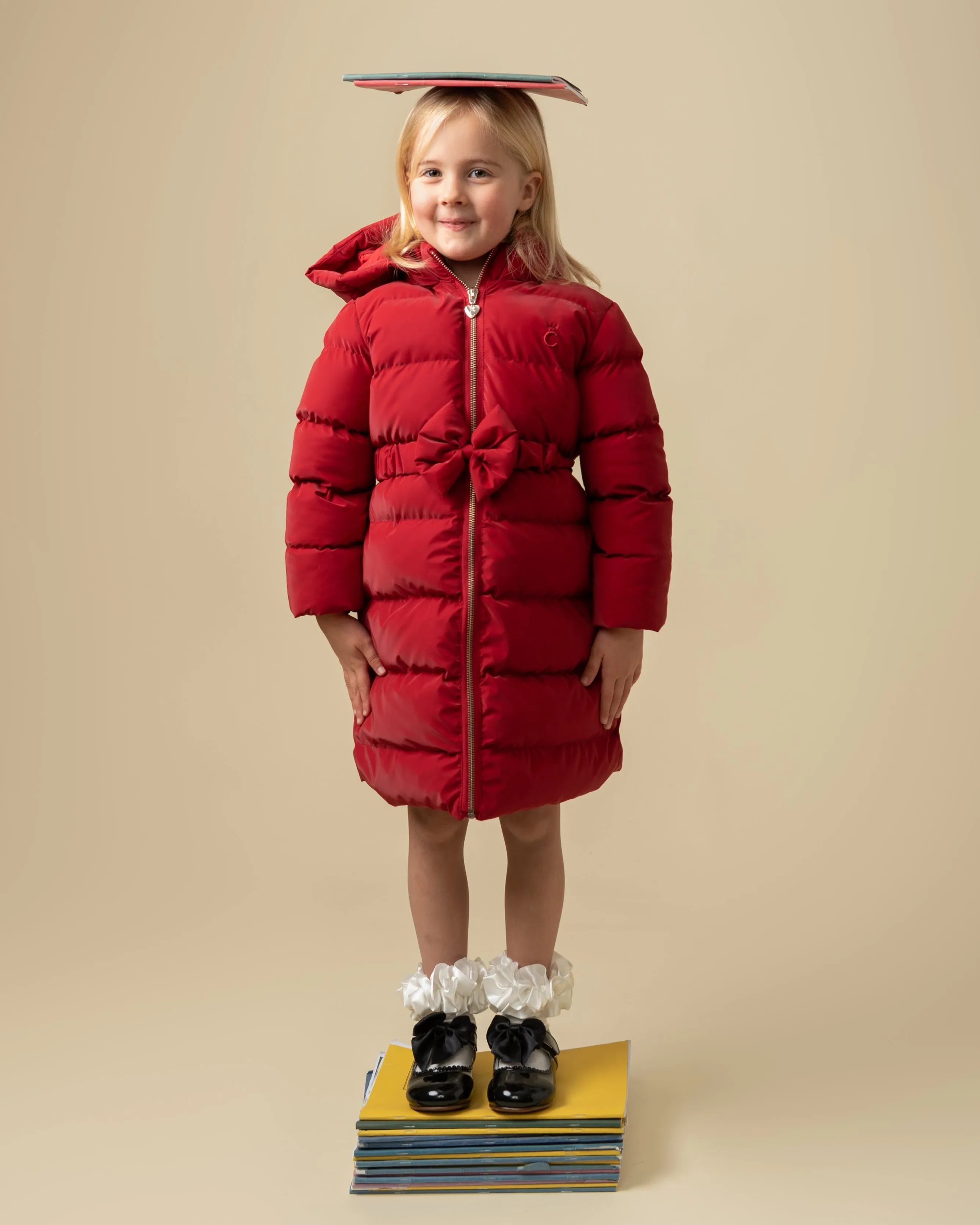 Caramelo Kids Girls Red Matt Puffer Jacket with Belt and Bow trim