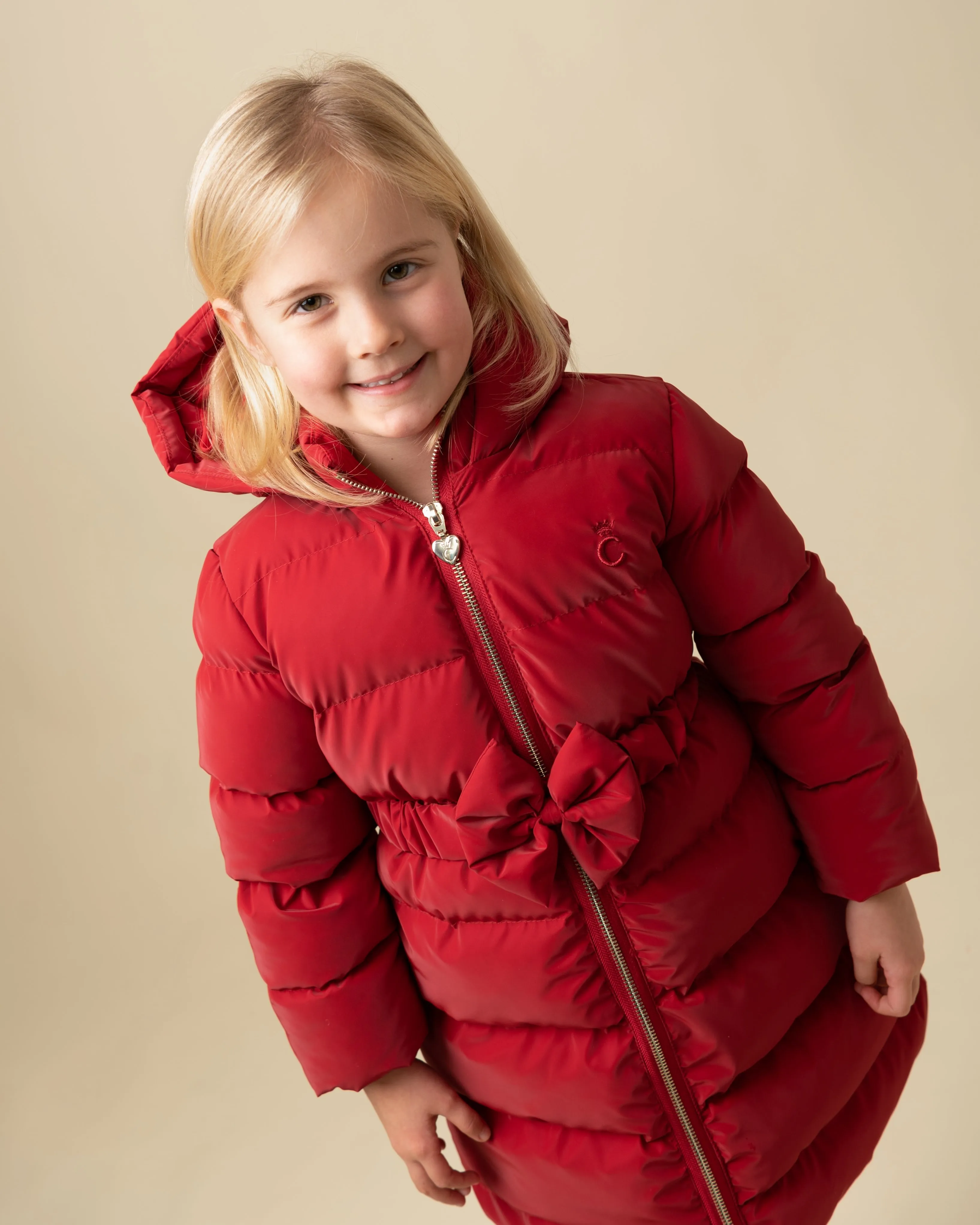 Caramelo Kids Girls Red Matt Puffer Jacket with Belt and Bow trim