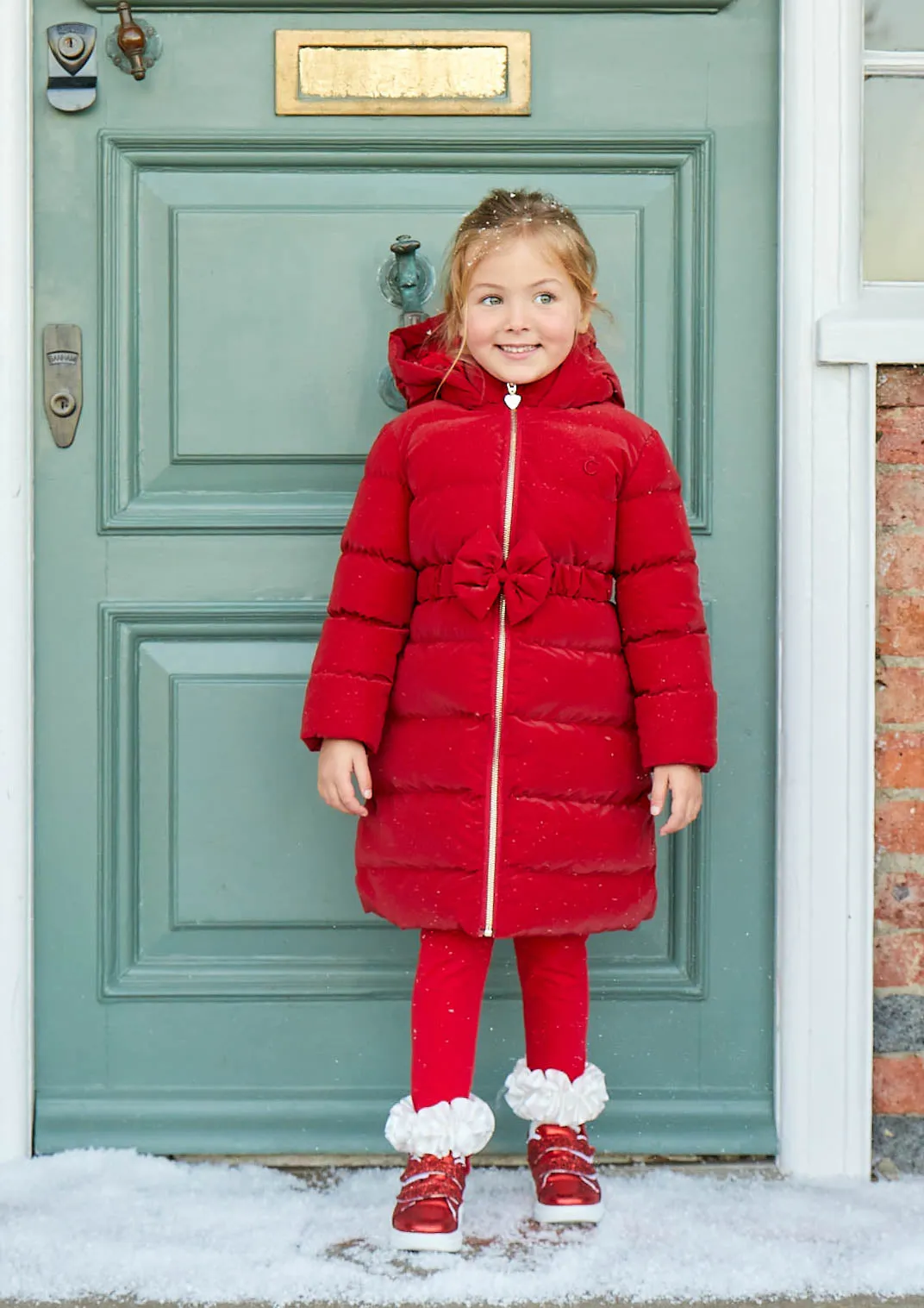 Caramelo Kids Girls Red Matt Puffer Jacket with Belt and Bow trim