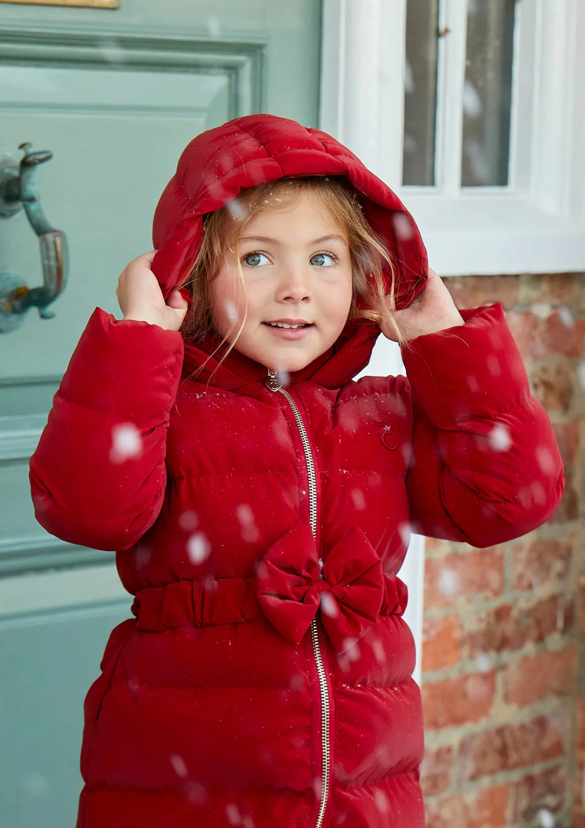 Caramelo Kids Girls Red Matt Puffer Jacket with Belt and Bow trim