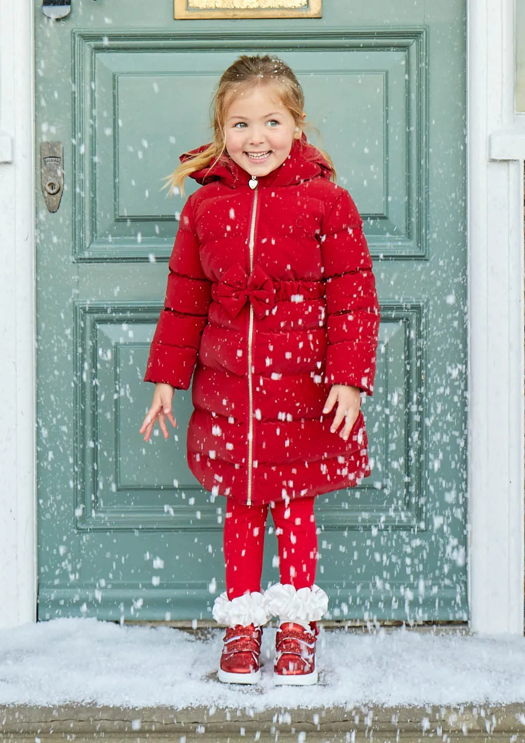 Caramelo Kids Girls Red Matt Puffer Jacket with Belt and Bow trim