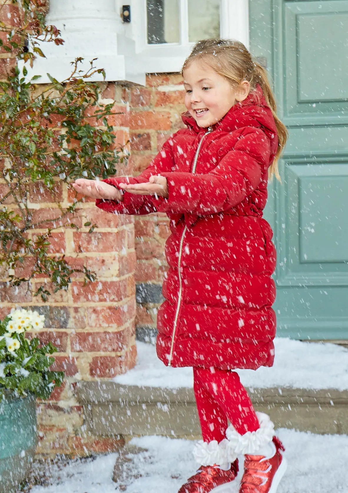 Caramelo Kids Girls Red Matt Puffer Jacket with Belt and Bow trim