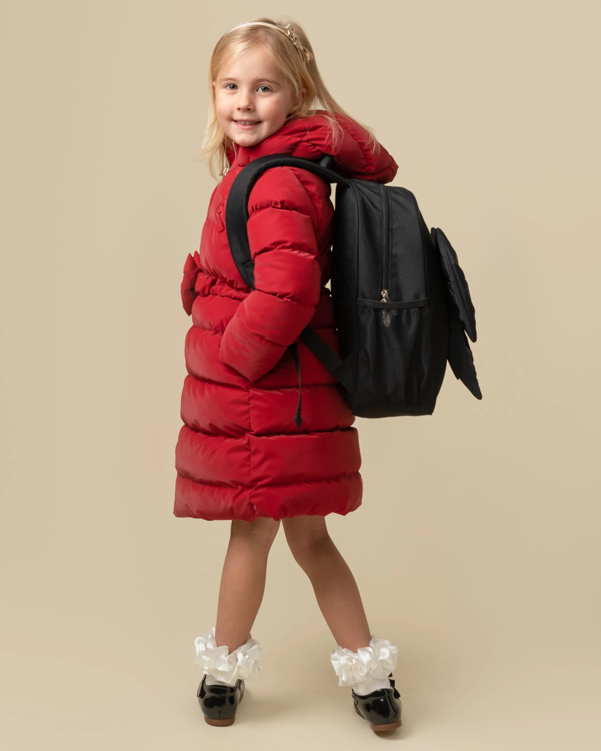 Caramelo Kids Girls Red Matt Puffer Jacket with Belt and Bow trim