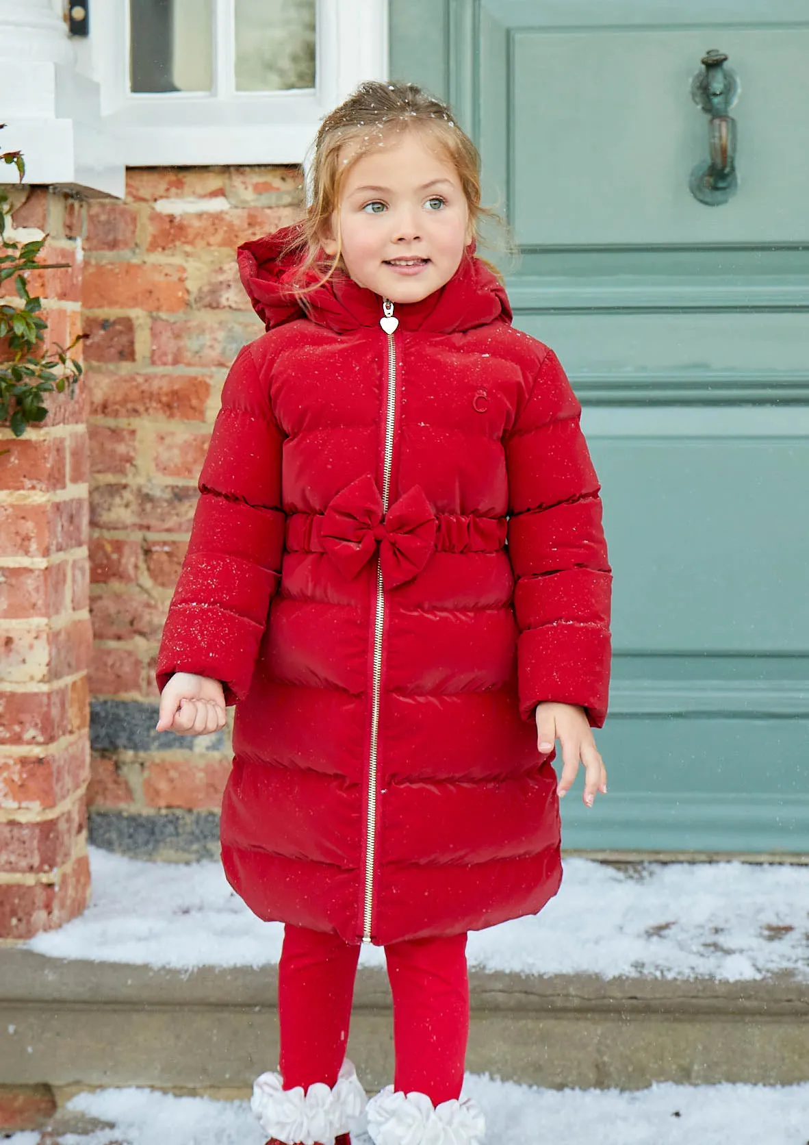 Caramelo Kids Girls Red Matt Puffer Jacket with Belt and Bow trim