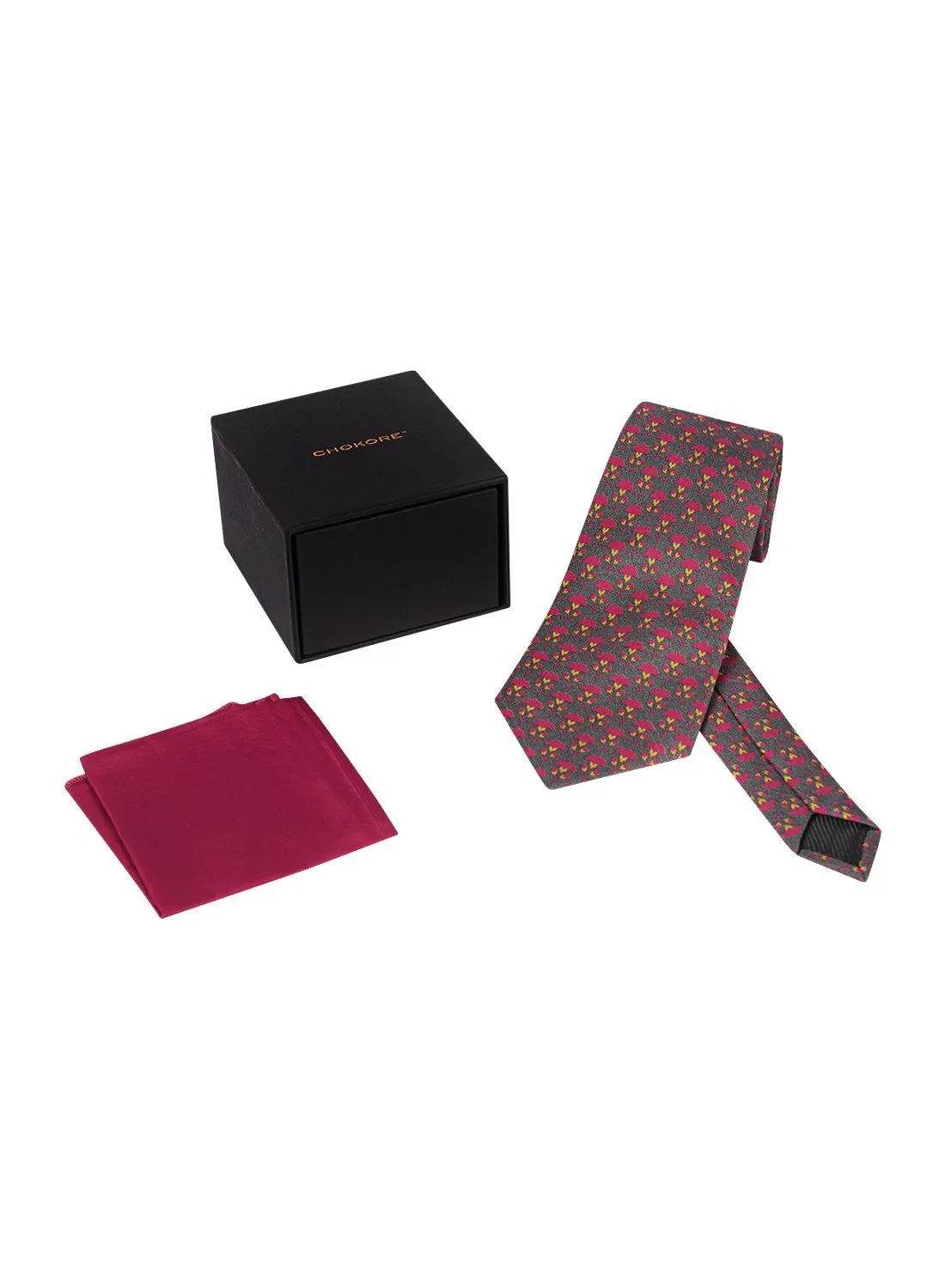 Chokore Grey & Magenta Silk Tie - Indian At Heart range & Plain Pink color Silk Pocket Square set