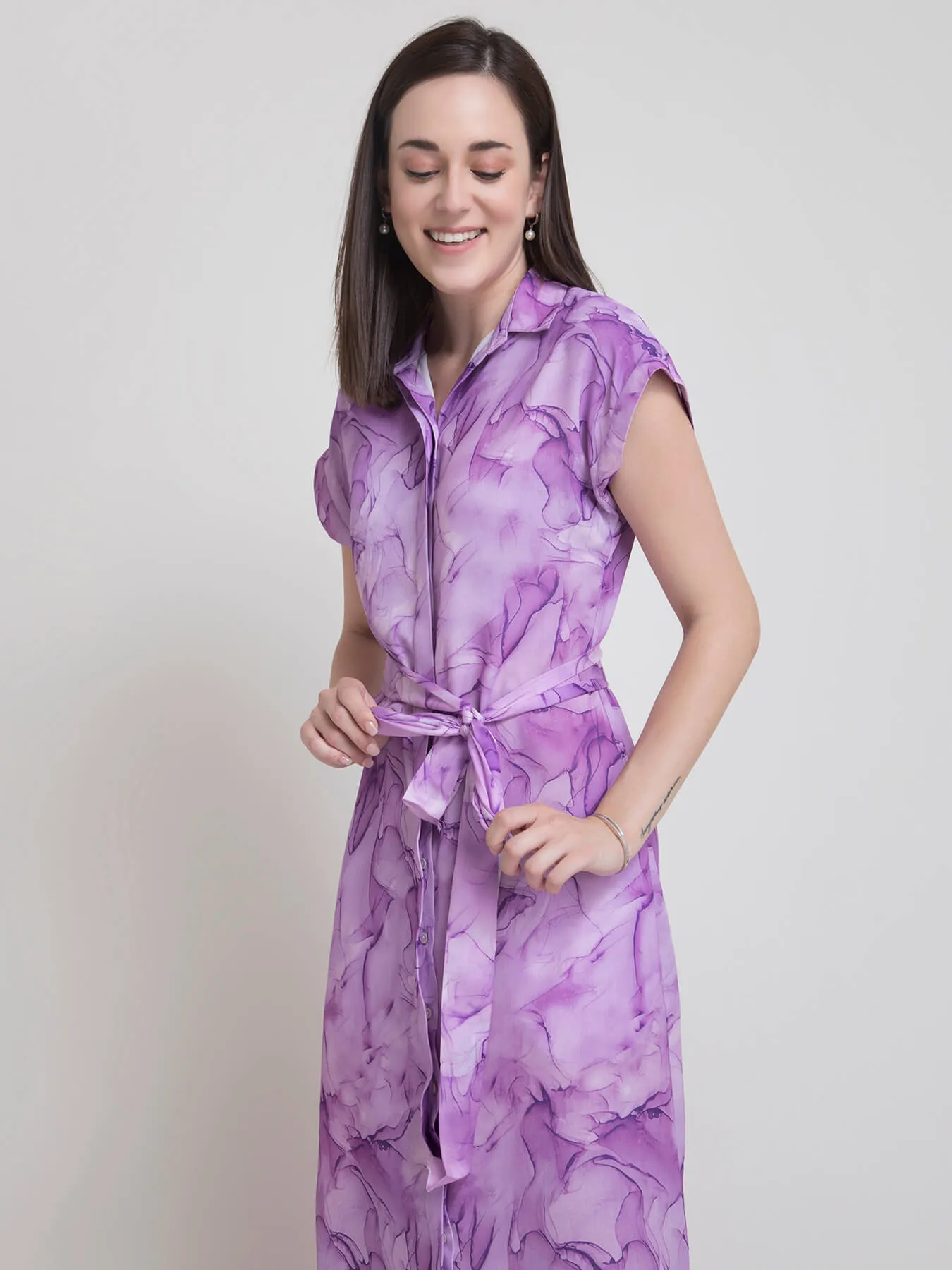 Collared Marble Print Shirt Dress - Lilac