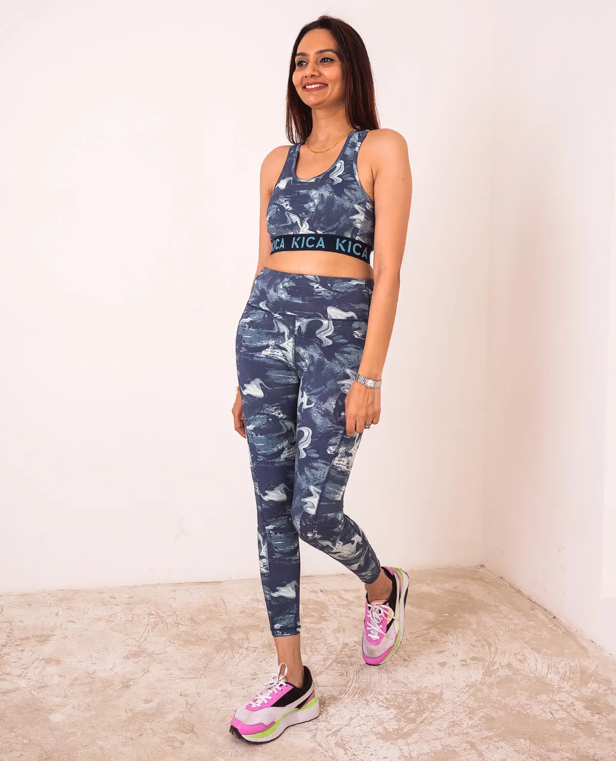 Cotton Printed Sports Bra & Leggings - Blue