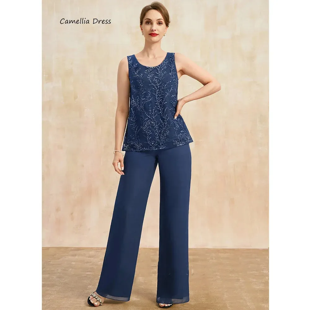 Elegant Chiffon Sequin Jumpsuit Evening Dress - Scoop Neck Mother Of The Bride Pant Suits