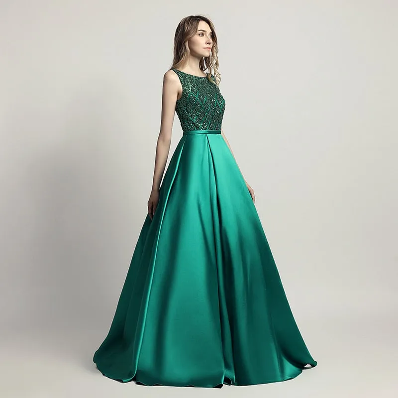 Elegant Evening Dresses O Neck Sleeveless Backless Empire A-Line Party Gown Beaded Sequins