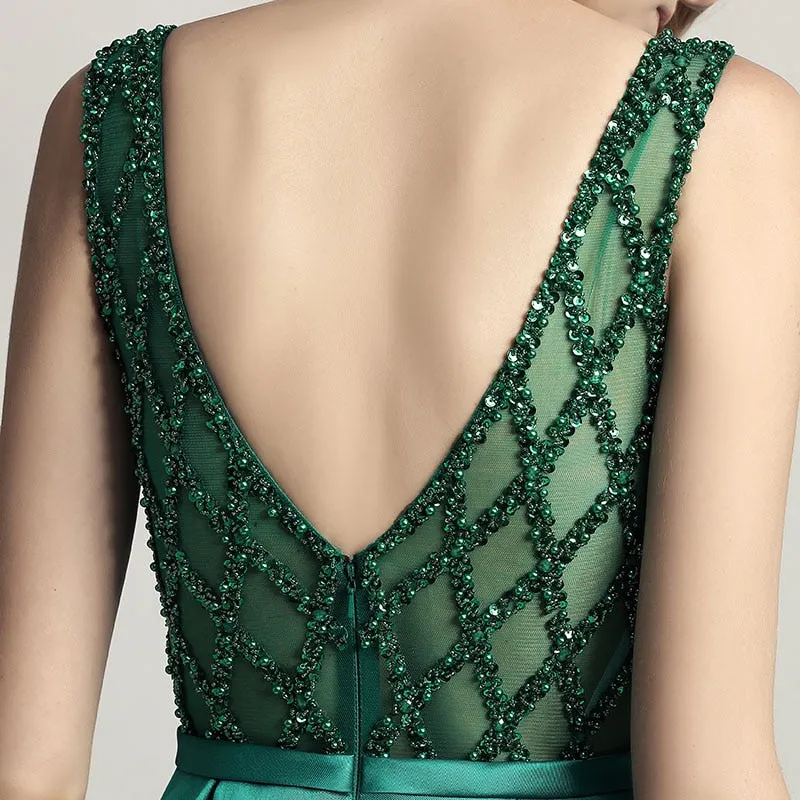 Elegant Evening Dresses O Neck Sleeveless Backless Empire A-Line Party Gown Beaded Sequins