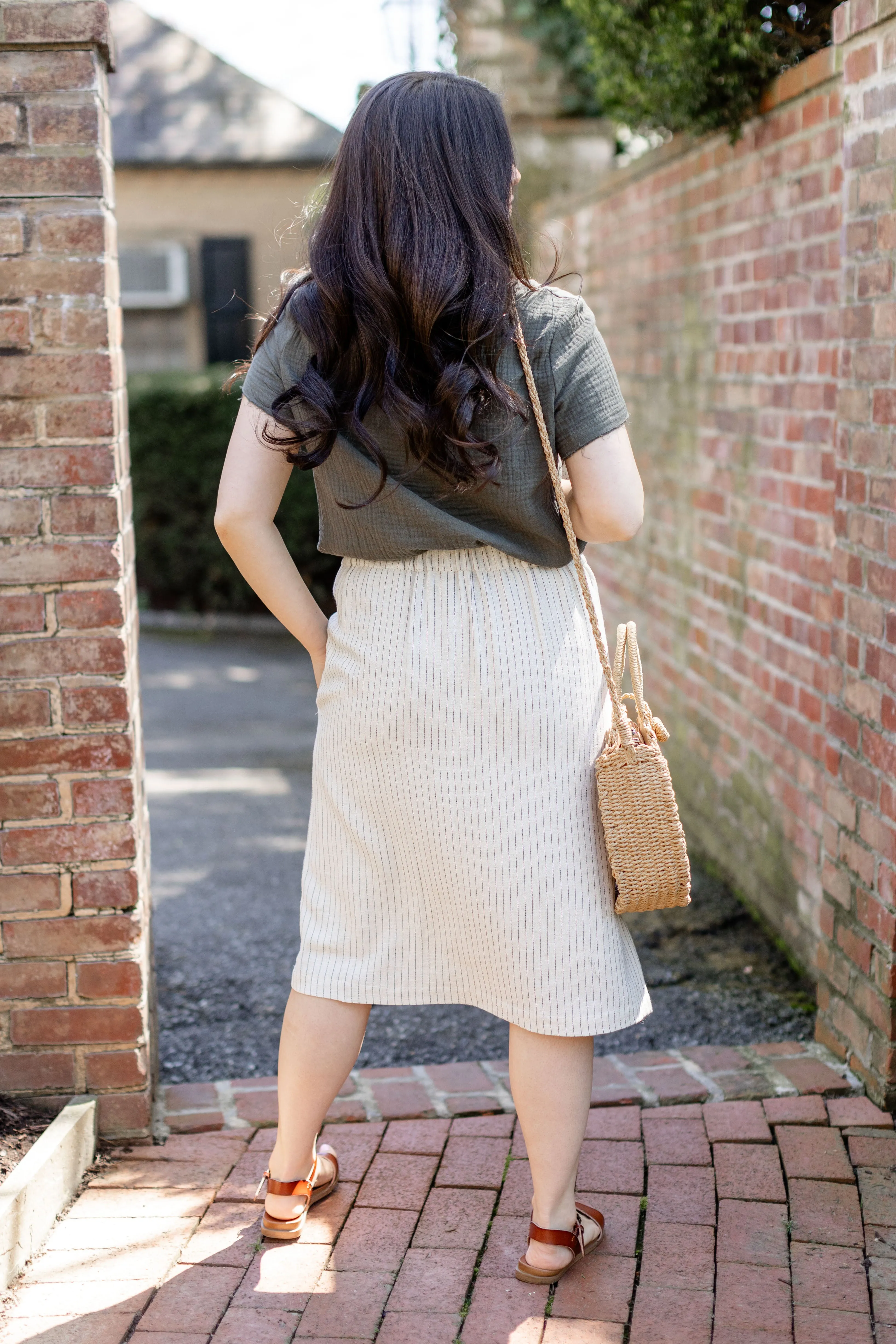 'Emily' Knee Length Linen Blend Pinstripe Skirt