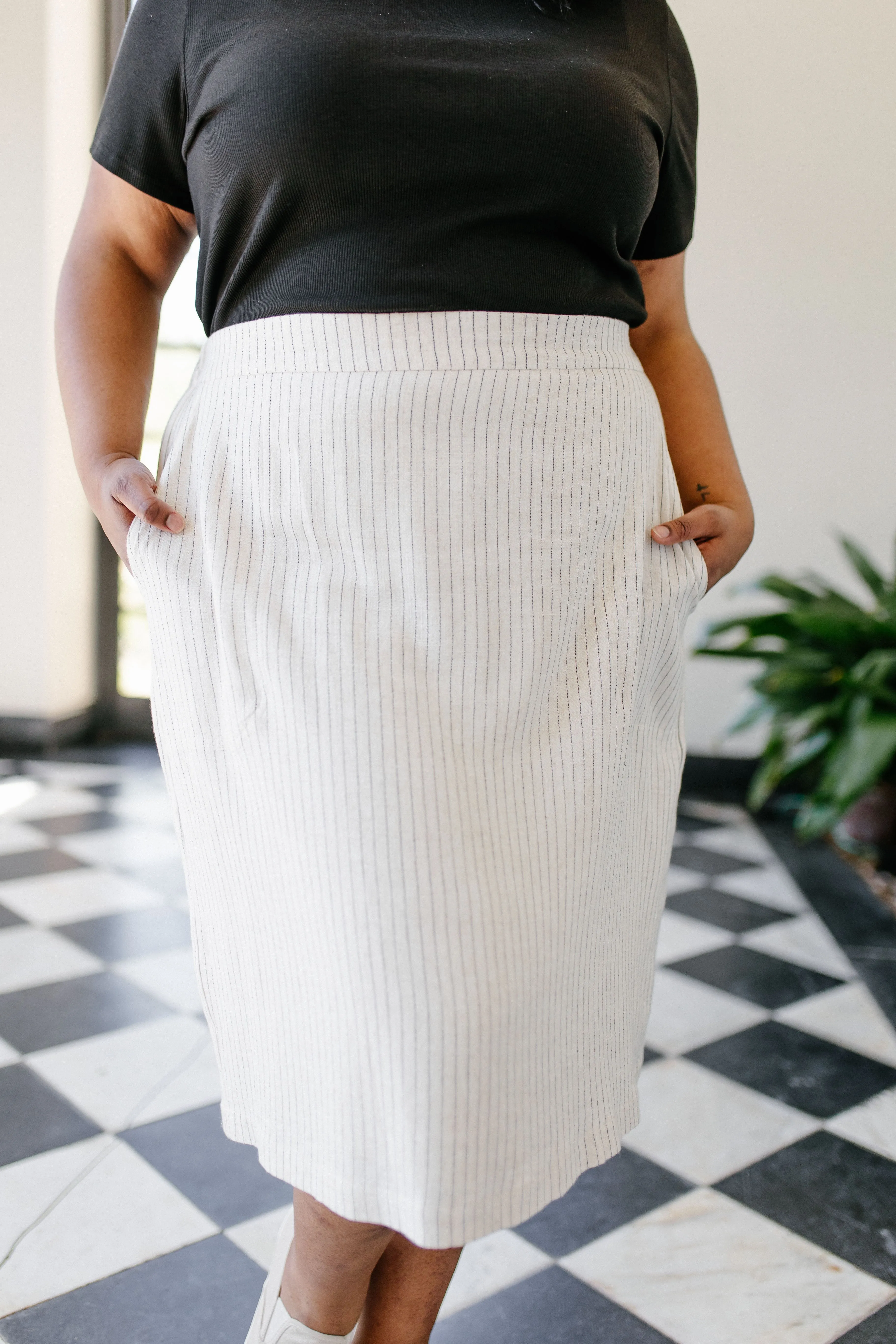 'Emily' Knee Length Linen Blend Pinstripe Skirt