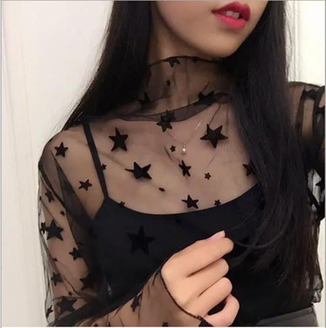 Fashion High Neck Black Mesh Pullover