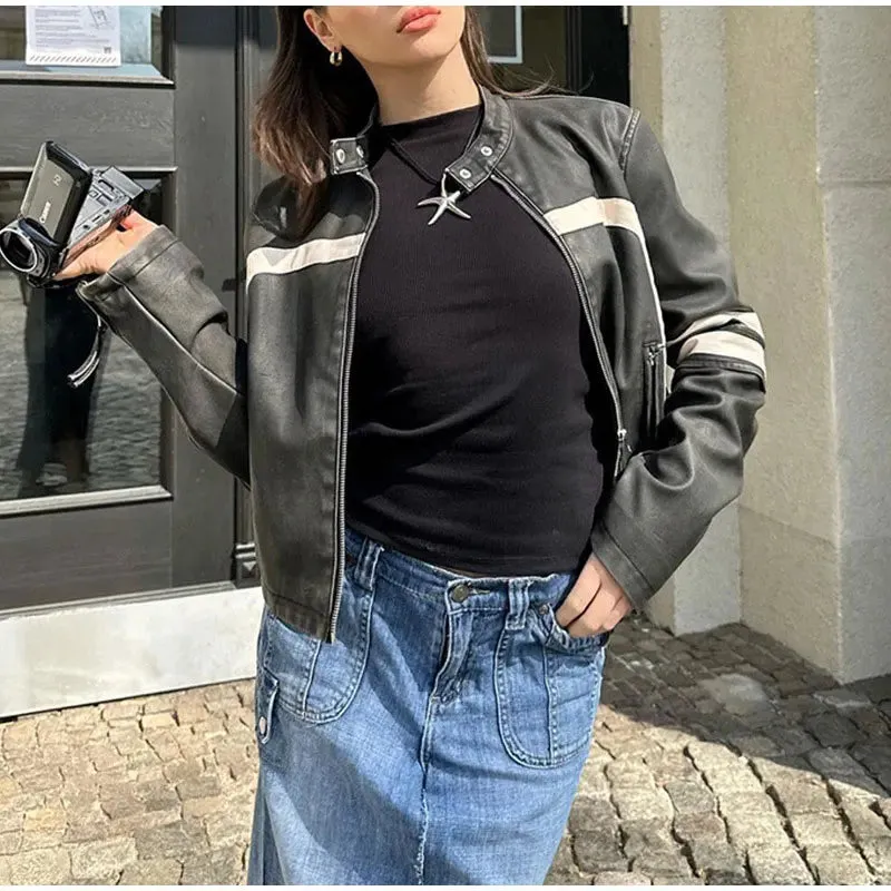 Fashion Zipper Polo-neck Tops Sweet Cool Personal Street Vintage Oversized Coats