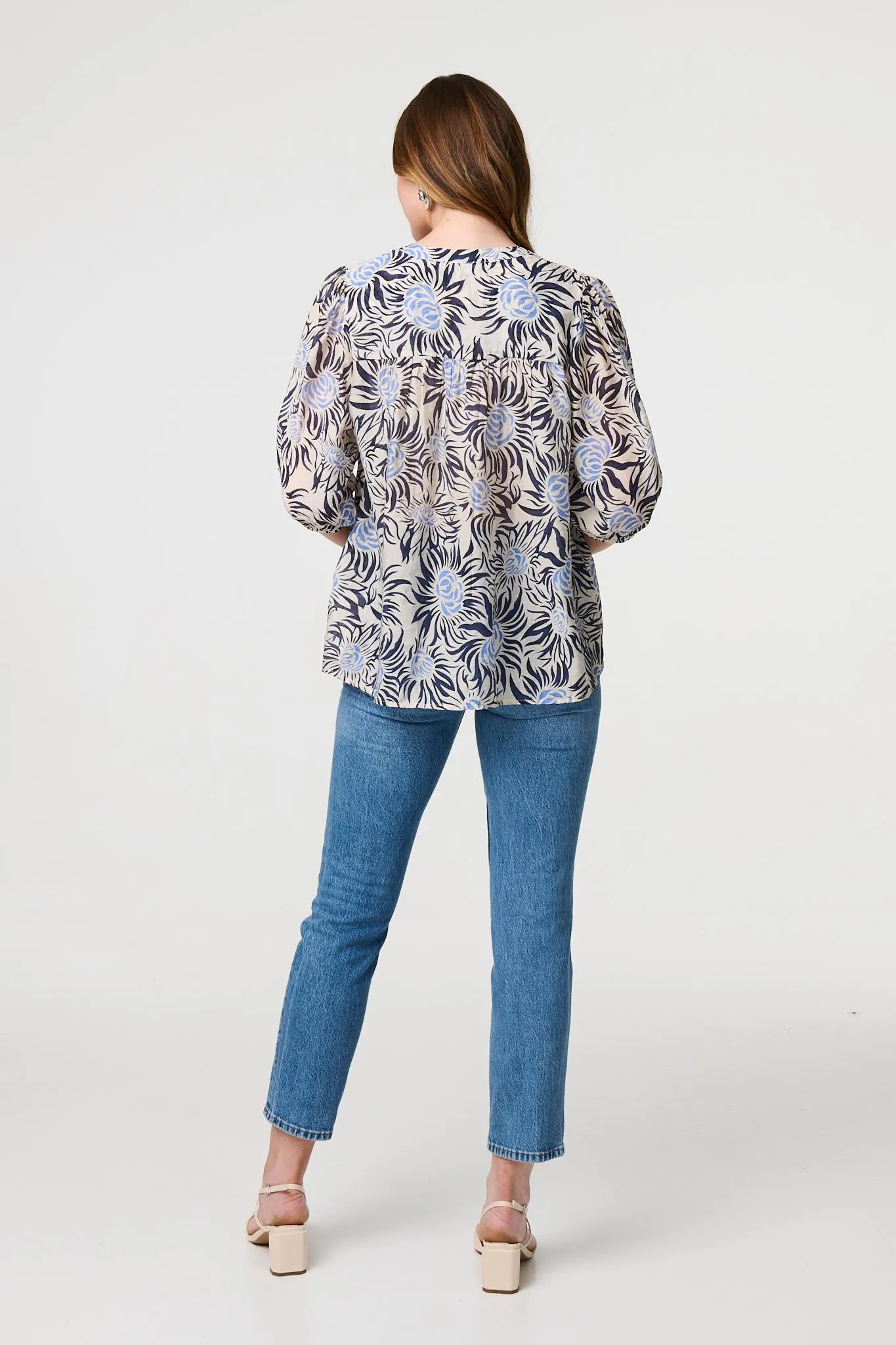 Floral 3/4 Puff Sleeve Relaxed Blouse