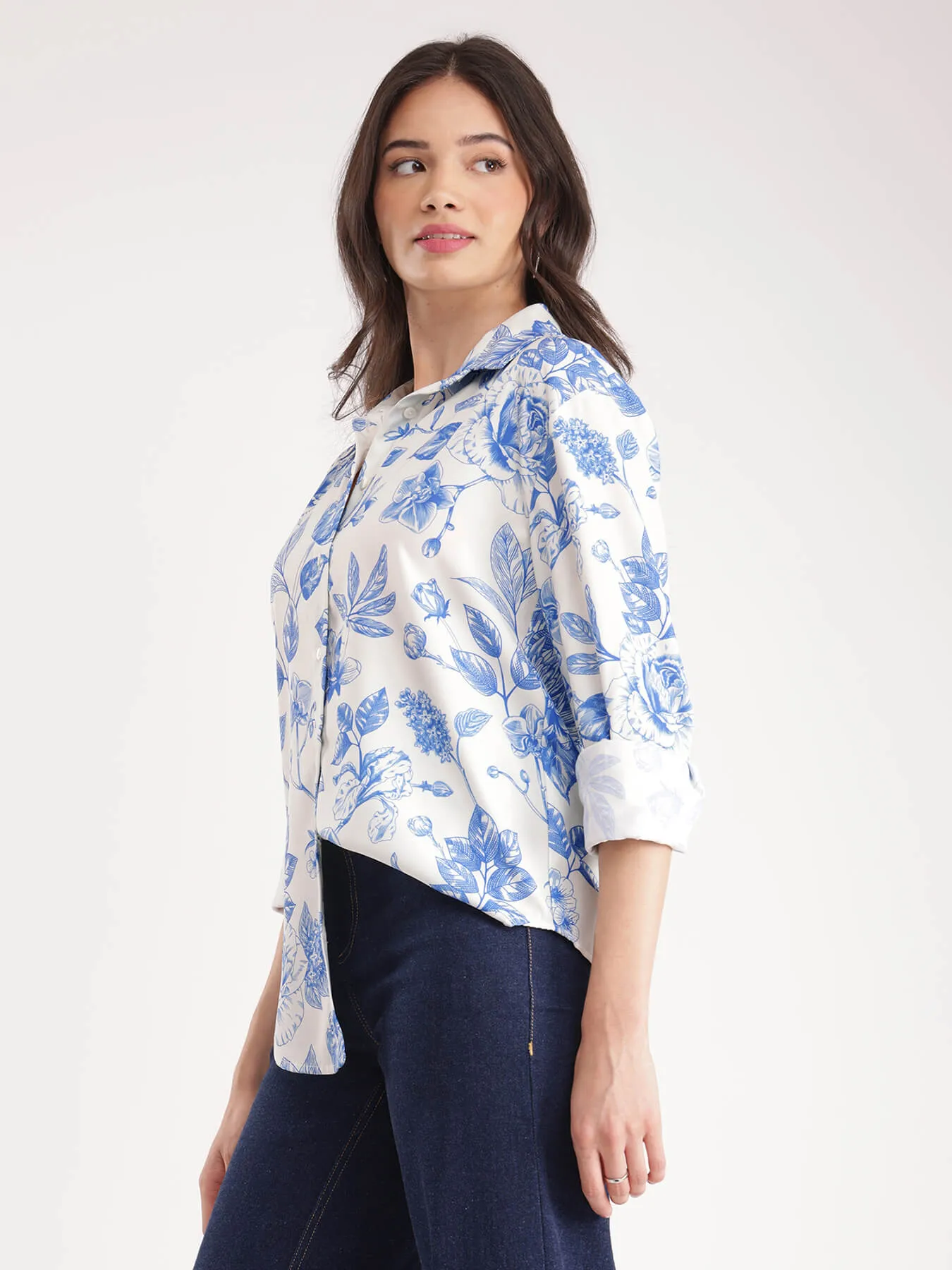 Floral Shirt - Blue And White