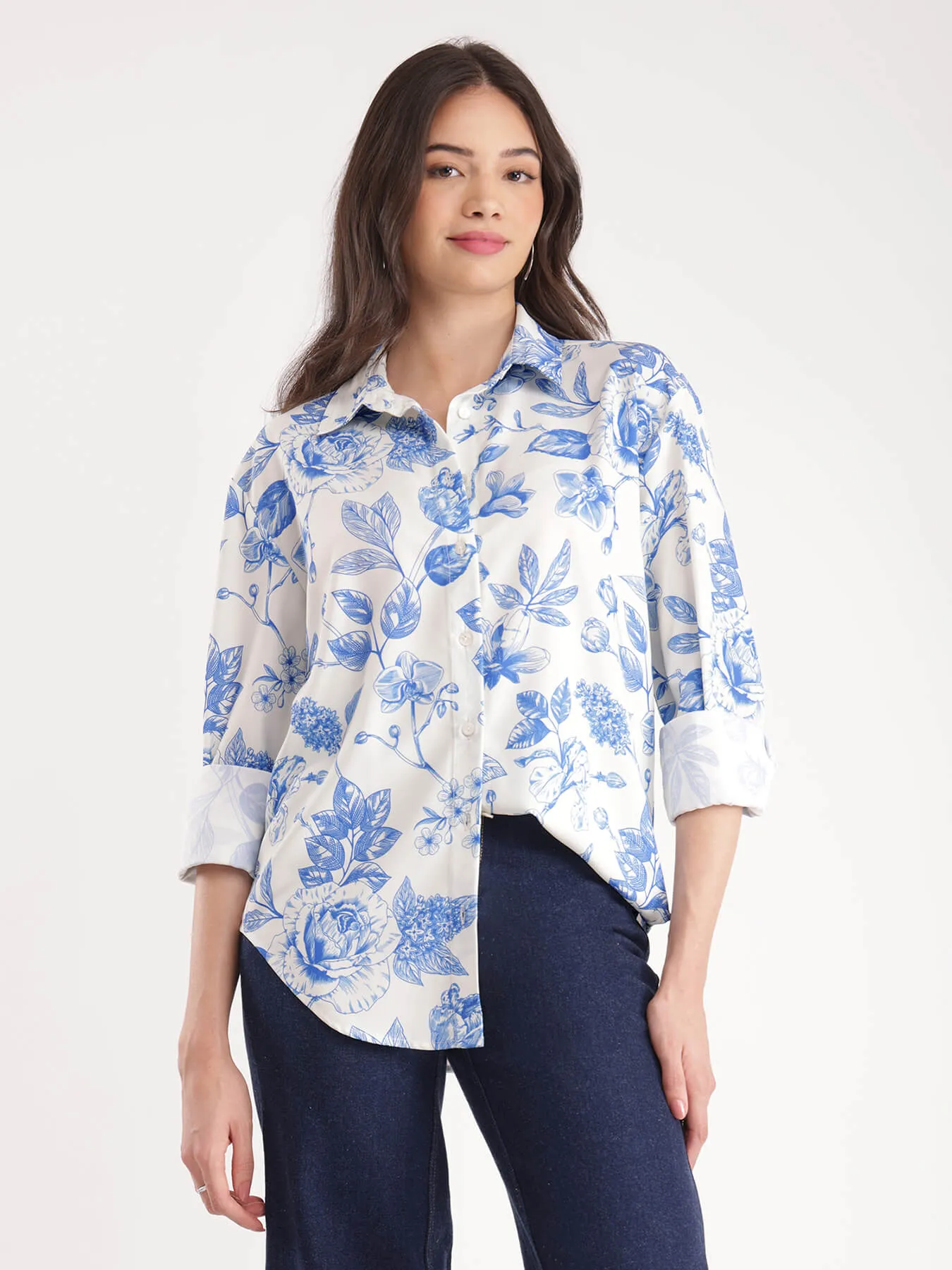 Floral Shirt - Blue And White