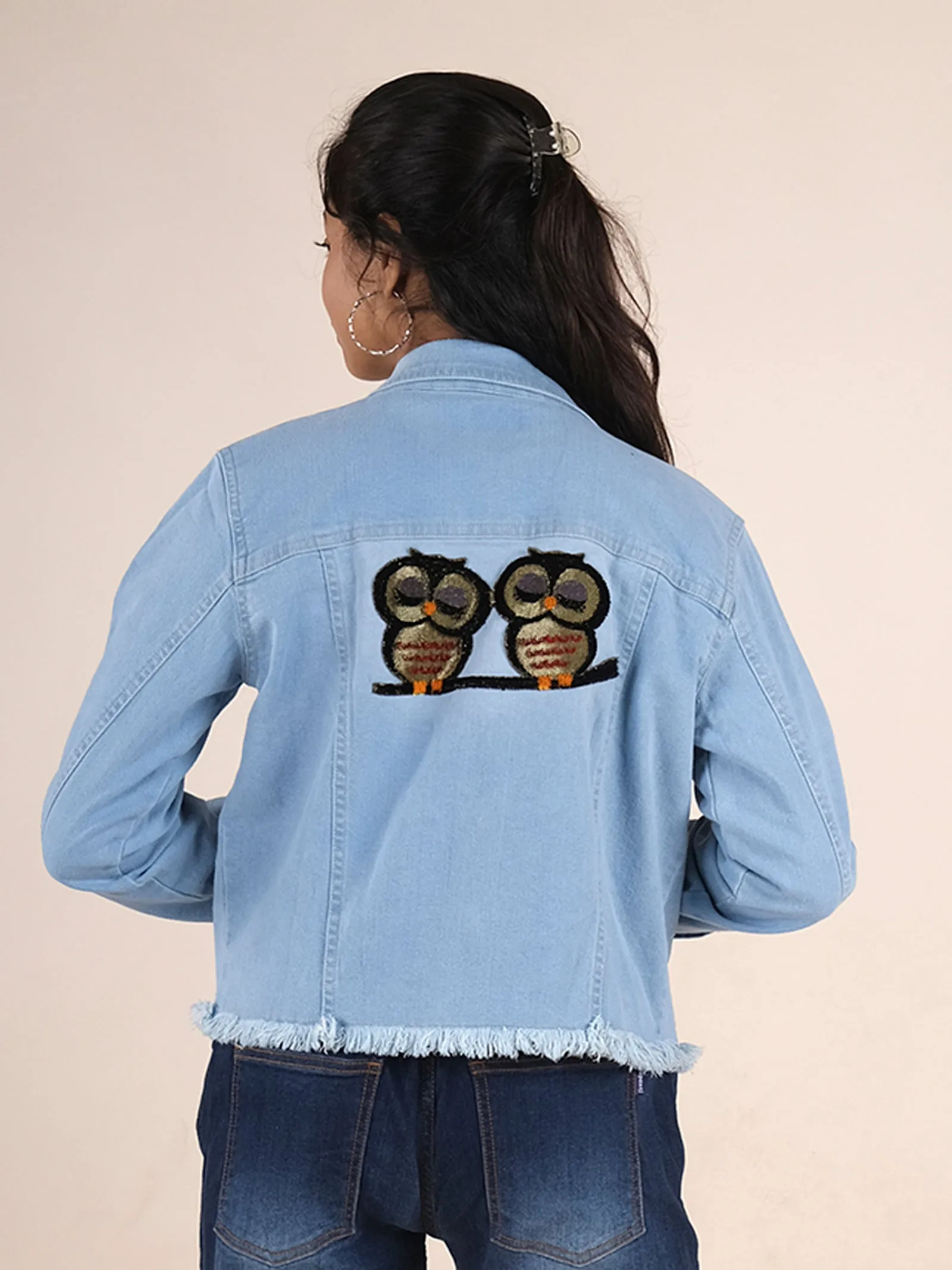 Girls Denim Short Jacket With Owl Applique