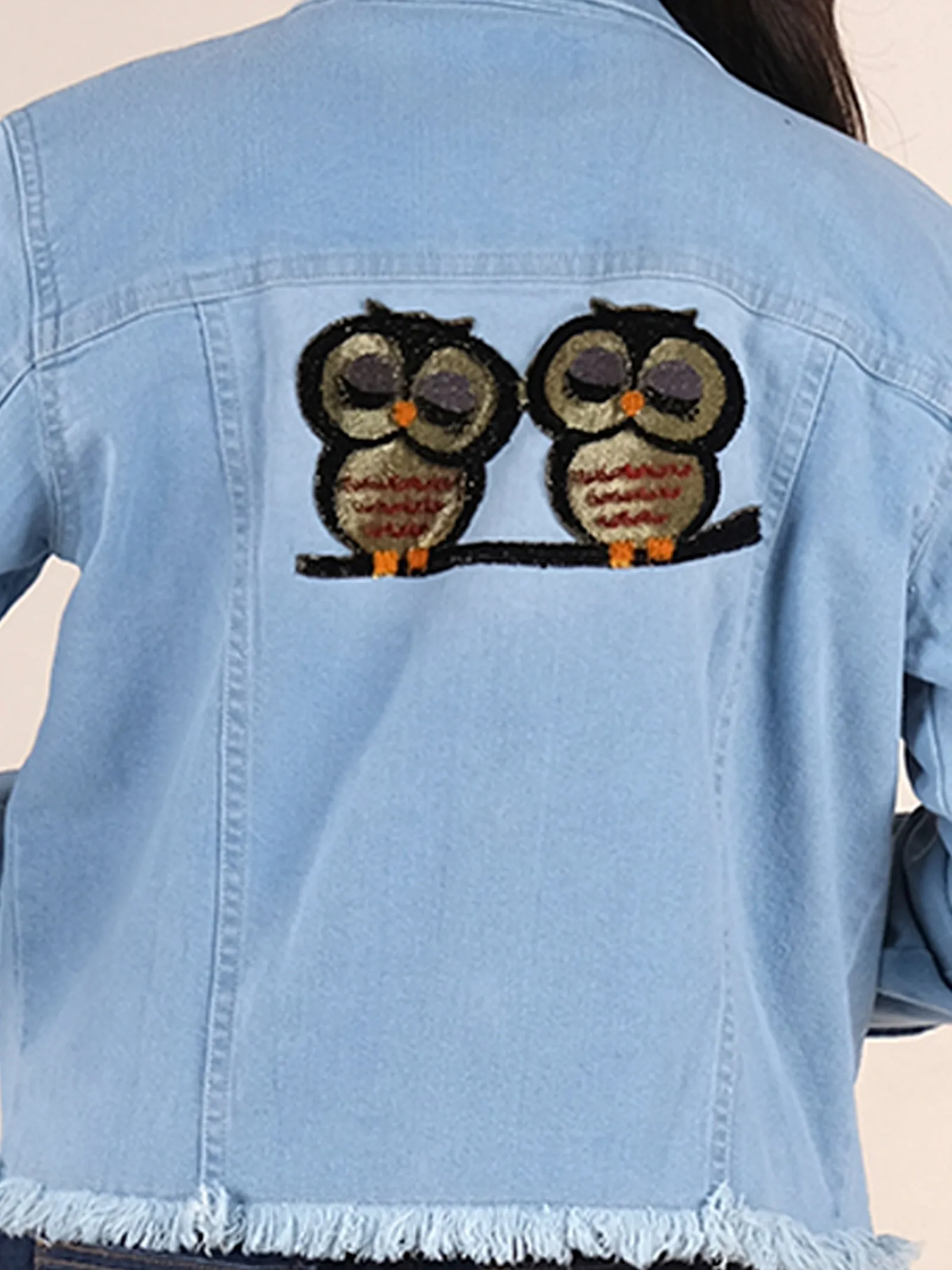 Girls Denim Short Jacket With Owl Applique